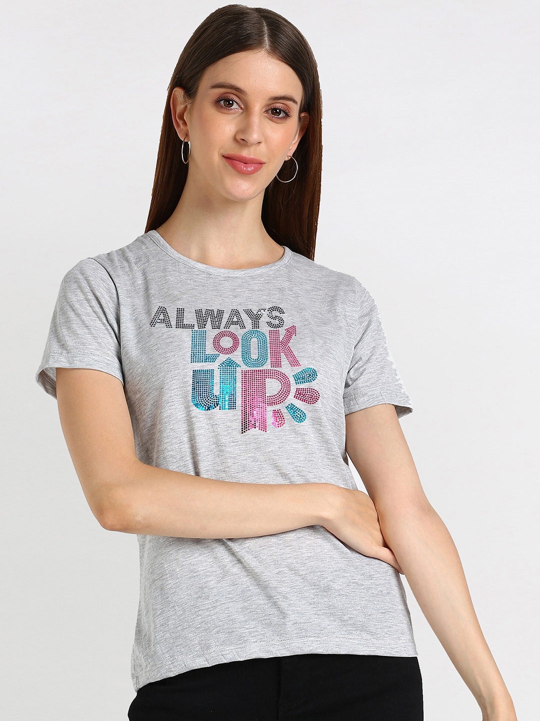 

shashvi Women Grey Melange Typography Printed Drop-Shoulder Sleeves T-shirt