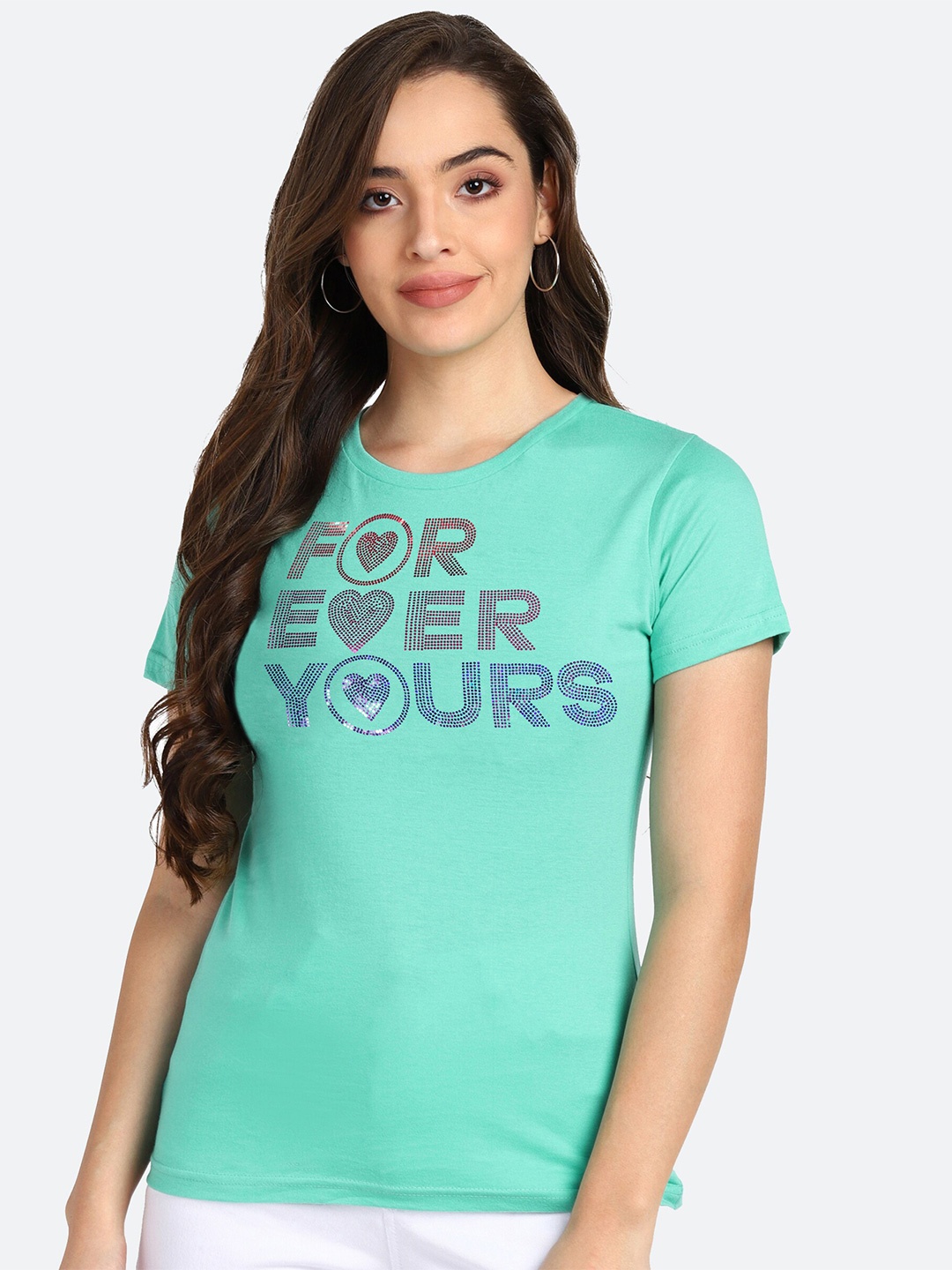 

shashvi Women Sea Green Embellished Typography Printed T-shirt