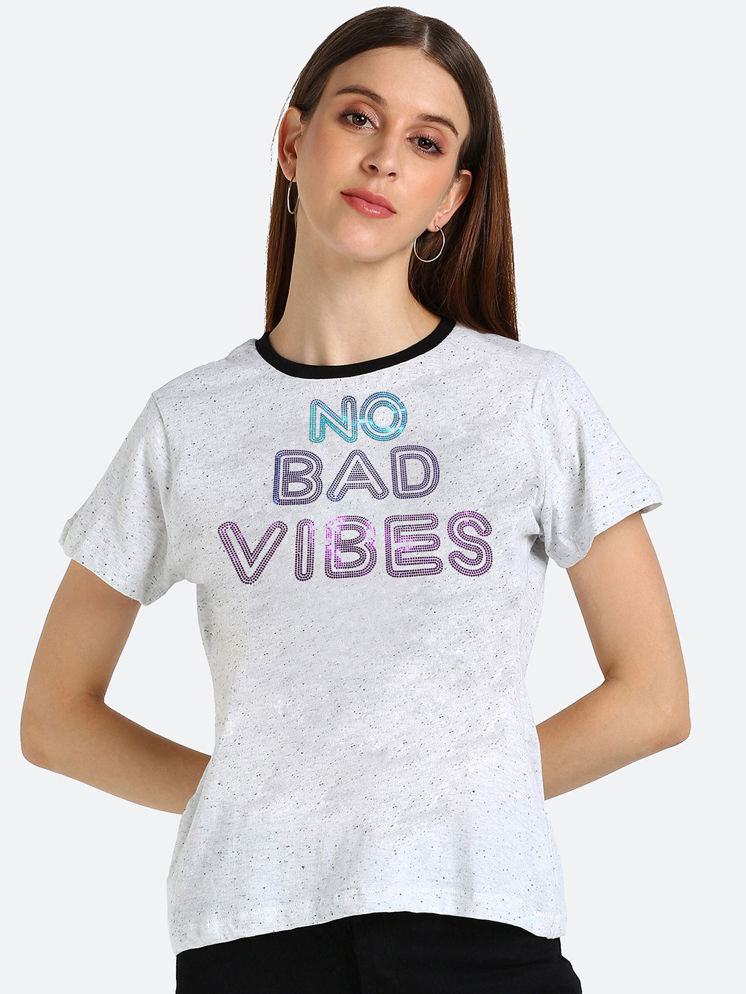 

Shashvi Women White Cotton Typography Embellished T-shirt