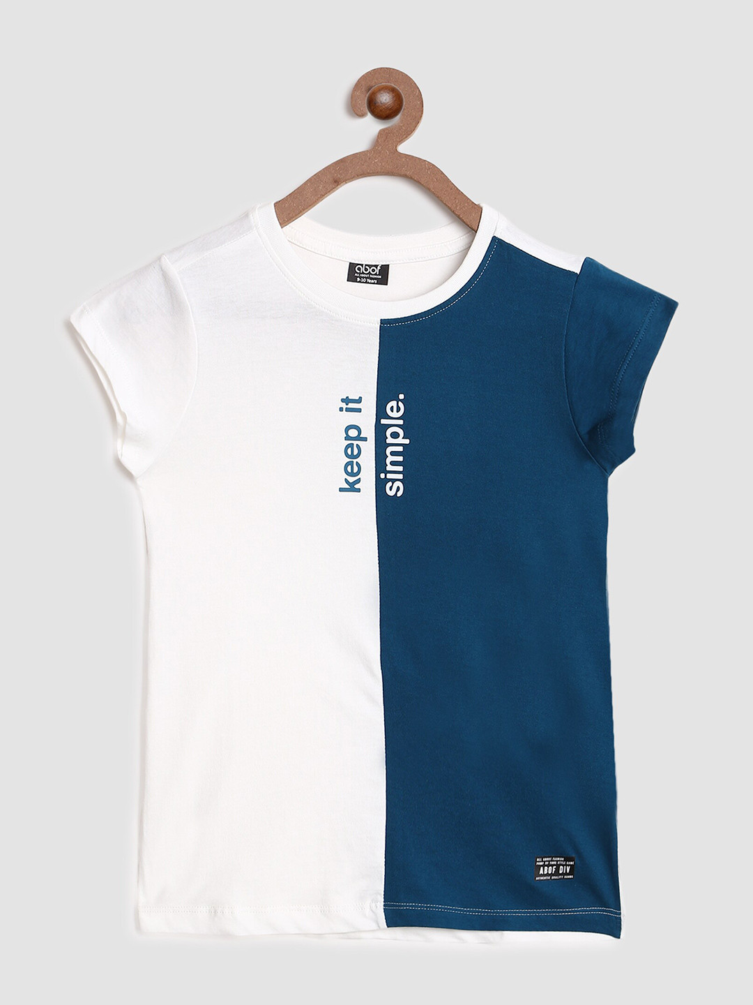 

abof Girls White & Teal Colourblocked Round Neck Cotton T-shirt