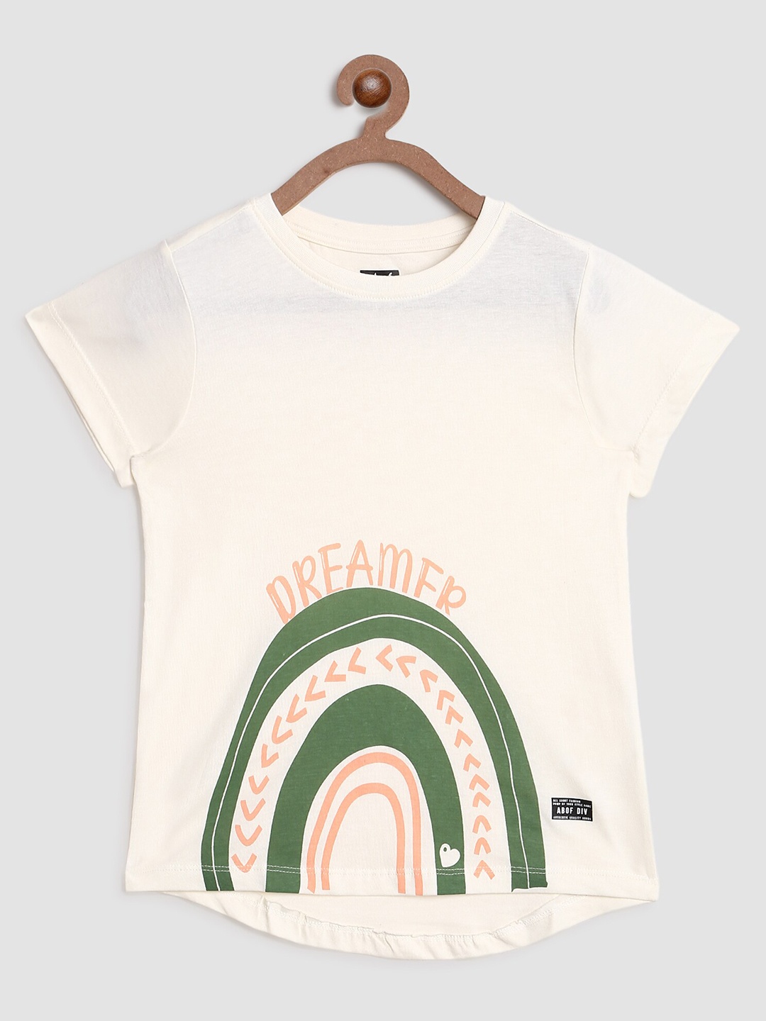 

Abof Girls Cream-Coloured & Green Printed Regular Fit T-shirt