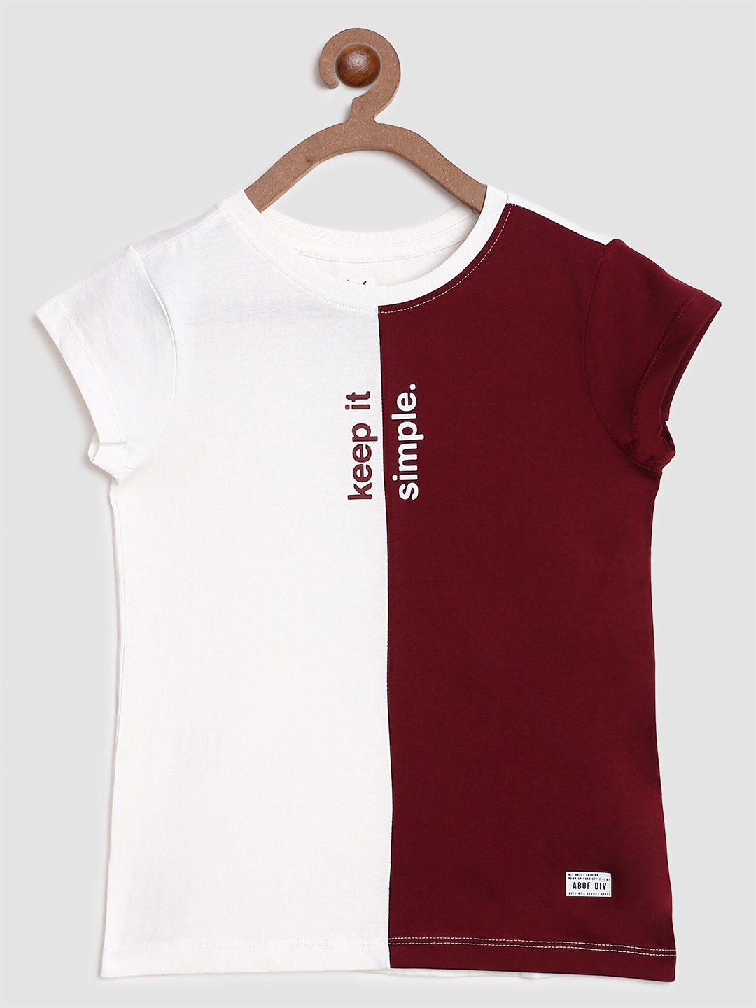 

abof Girls White & Maroon Colourblocked Cotton T-shirt