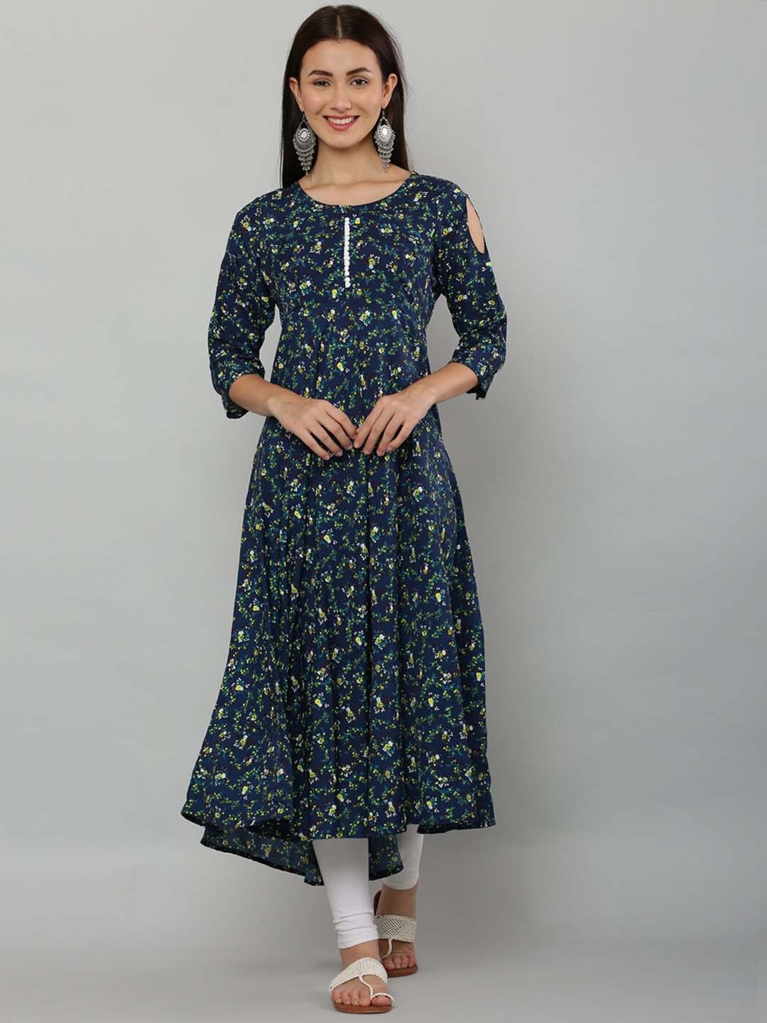 

EZIS FASHION Women Navy Blue Floral Printed Cold-Shoulder Sleeves Crepe Anarkali Kurta