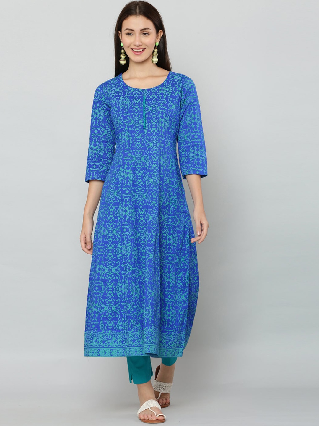 

EZIS FASHION Women Blue & Sea Green Ethnic Motifs Printed Cotton Anarkali Kurta