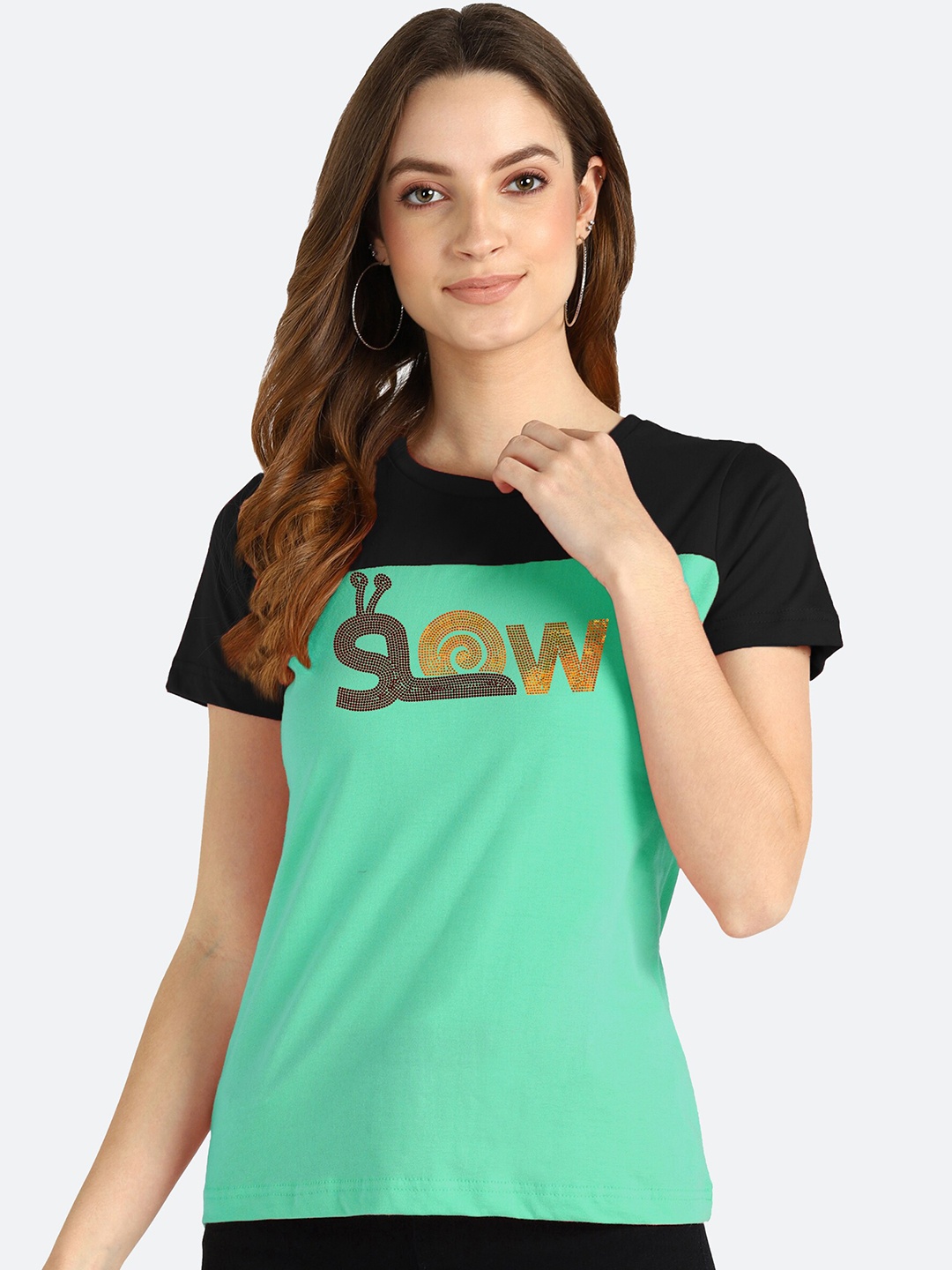 

shashvi Women Teal & Black Typography Embellished Colourblocked T-shirt