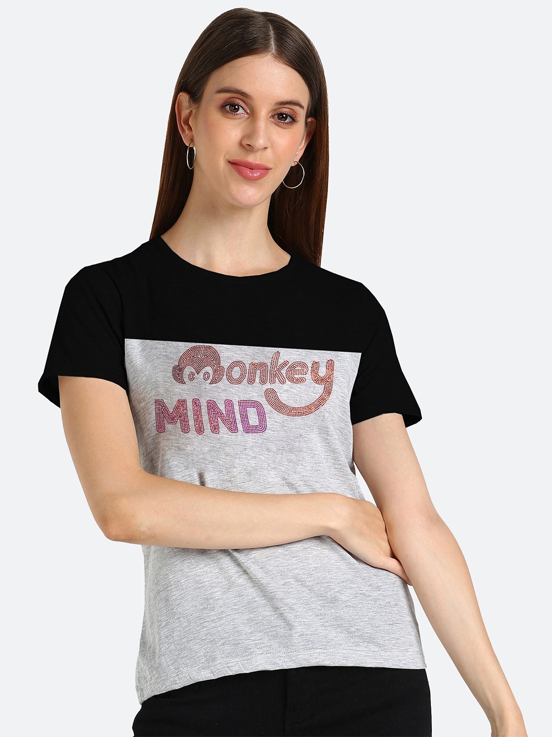 shashvi Women Grey & Black Typography Printed T-shirt