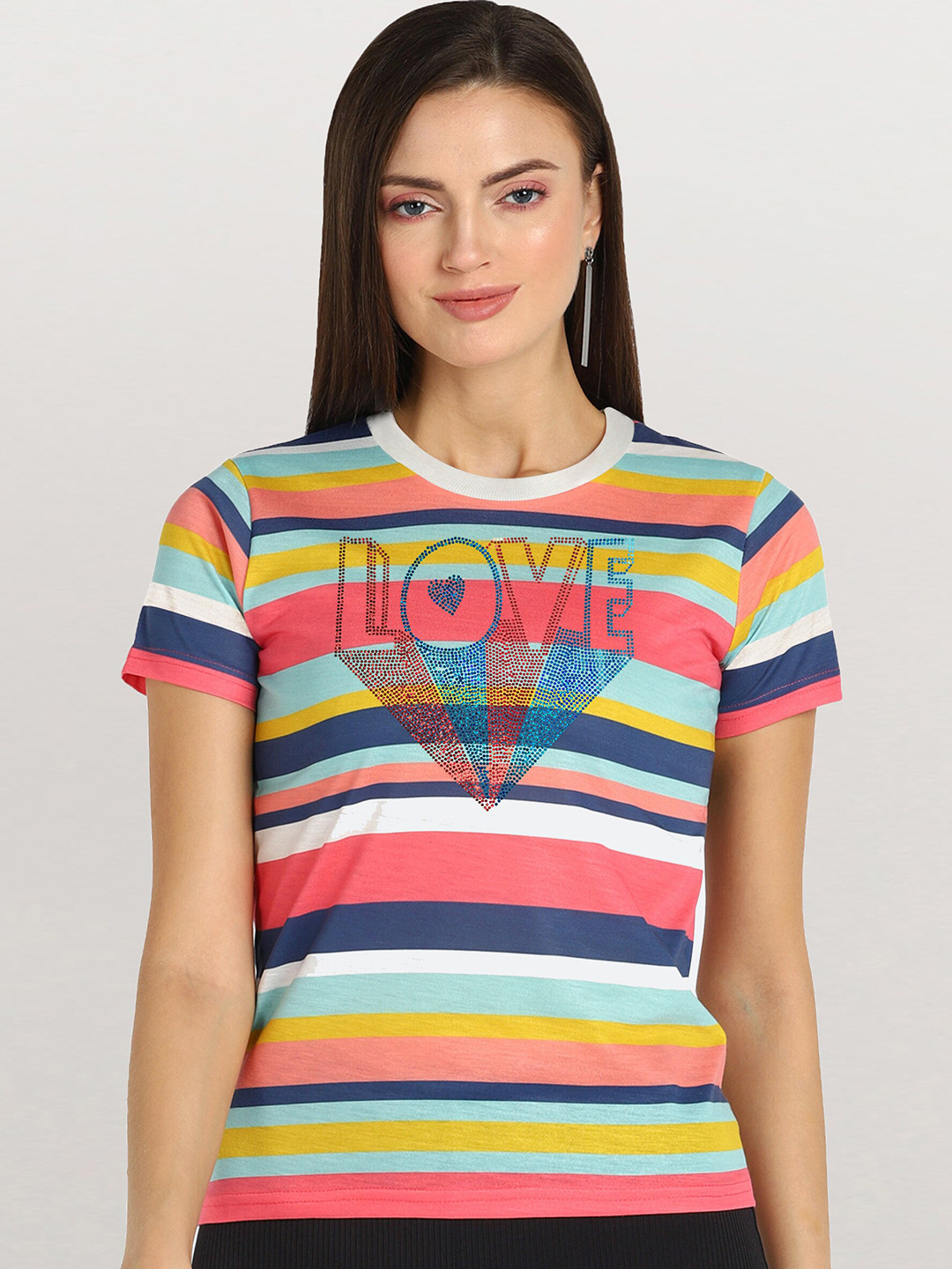 

Shashvi Women Multicoloured Striped Embellished T-shirt, Multi
