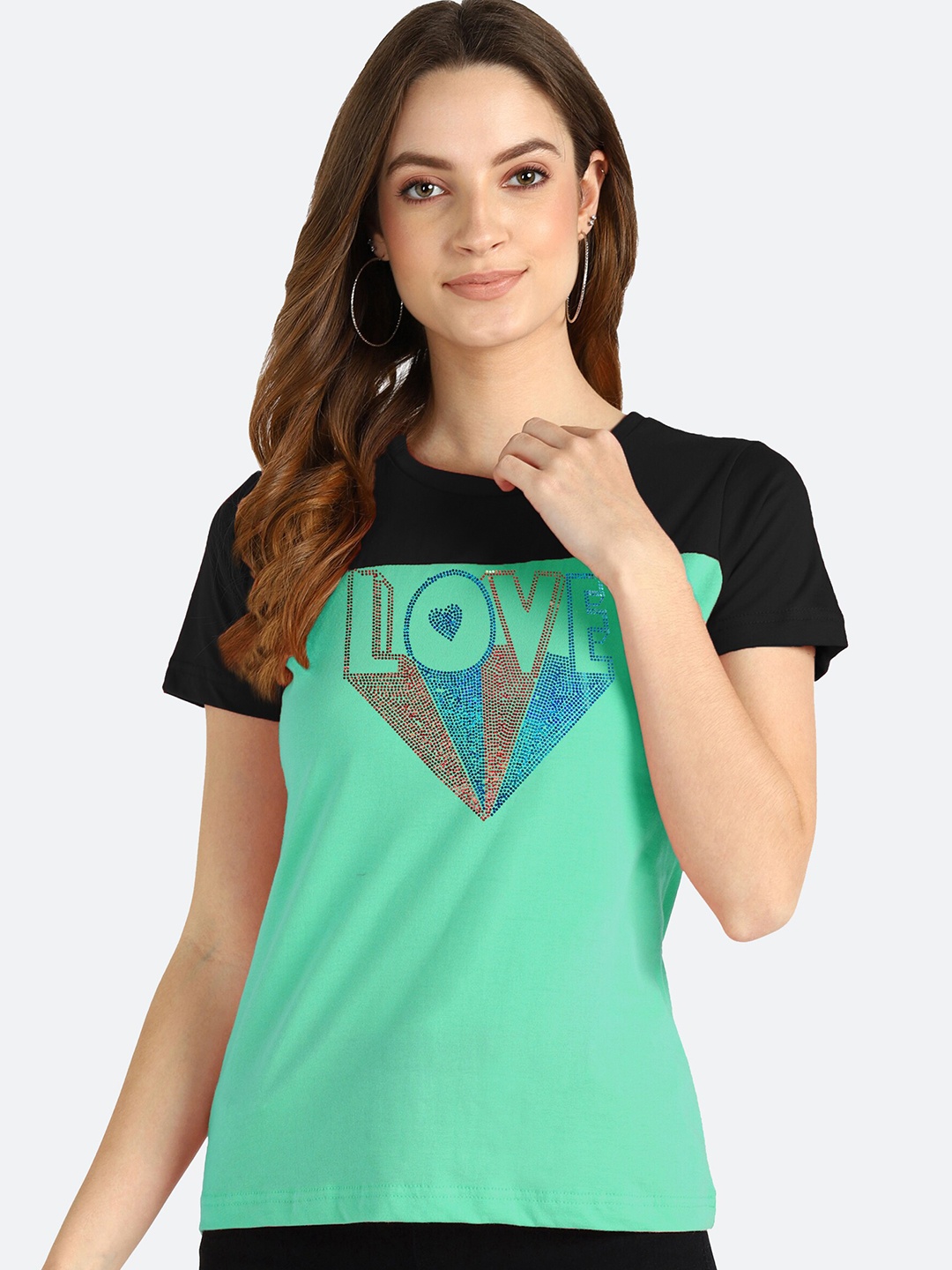

shashvi Women Sea Green & Black Typography Cotton Colourblocked T-shirt