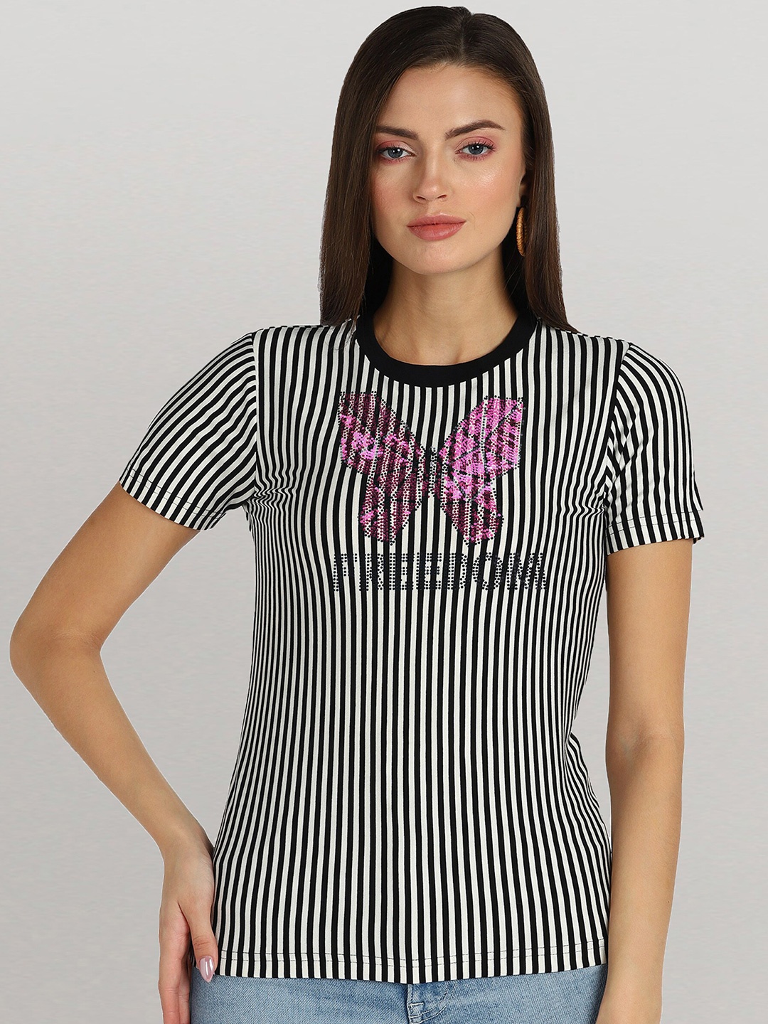 

shashvi Women Charcoal Striped T-shirt