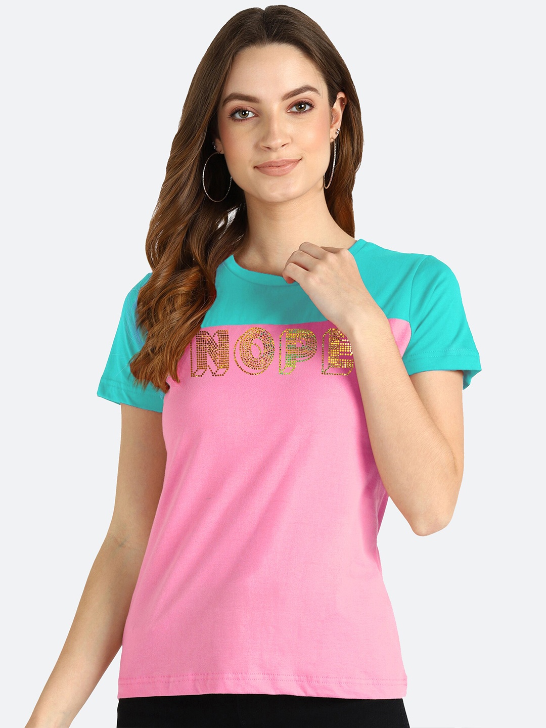 

shashvi Women Pink Typography Colourblocked T-shirt