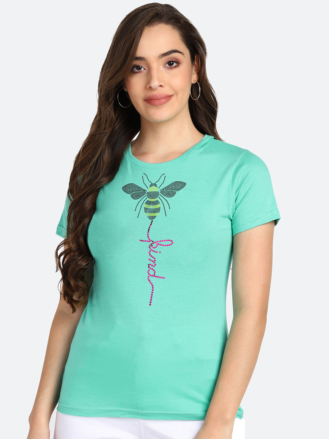 

shashvi Women Green Embellished Cotton T-shirt