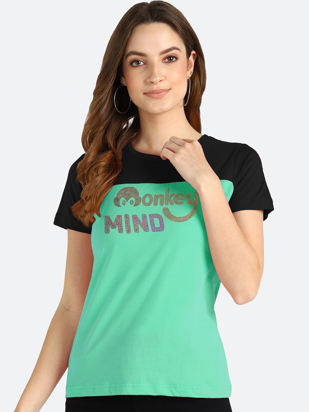 

shashvi Women Teal & Black Colourblocked Cotton T-shirt