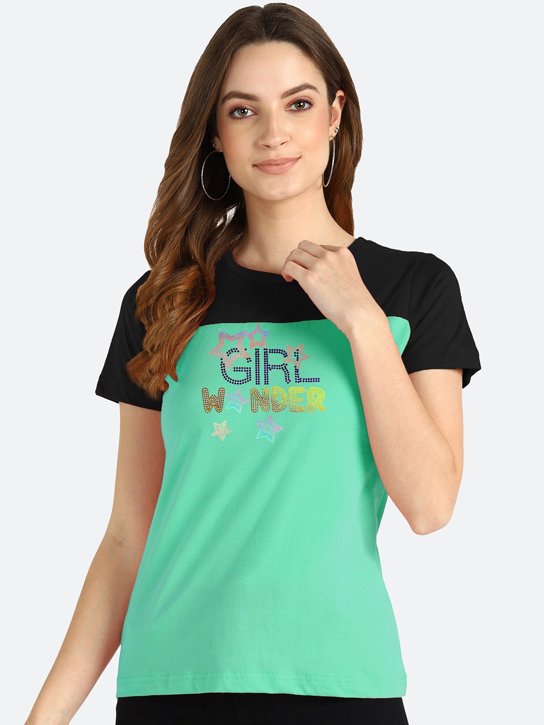 

shashvi Women Teal & Black Printed T-shirt