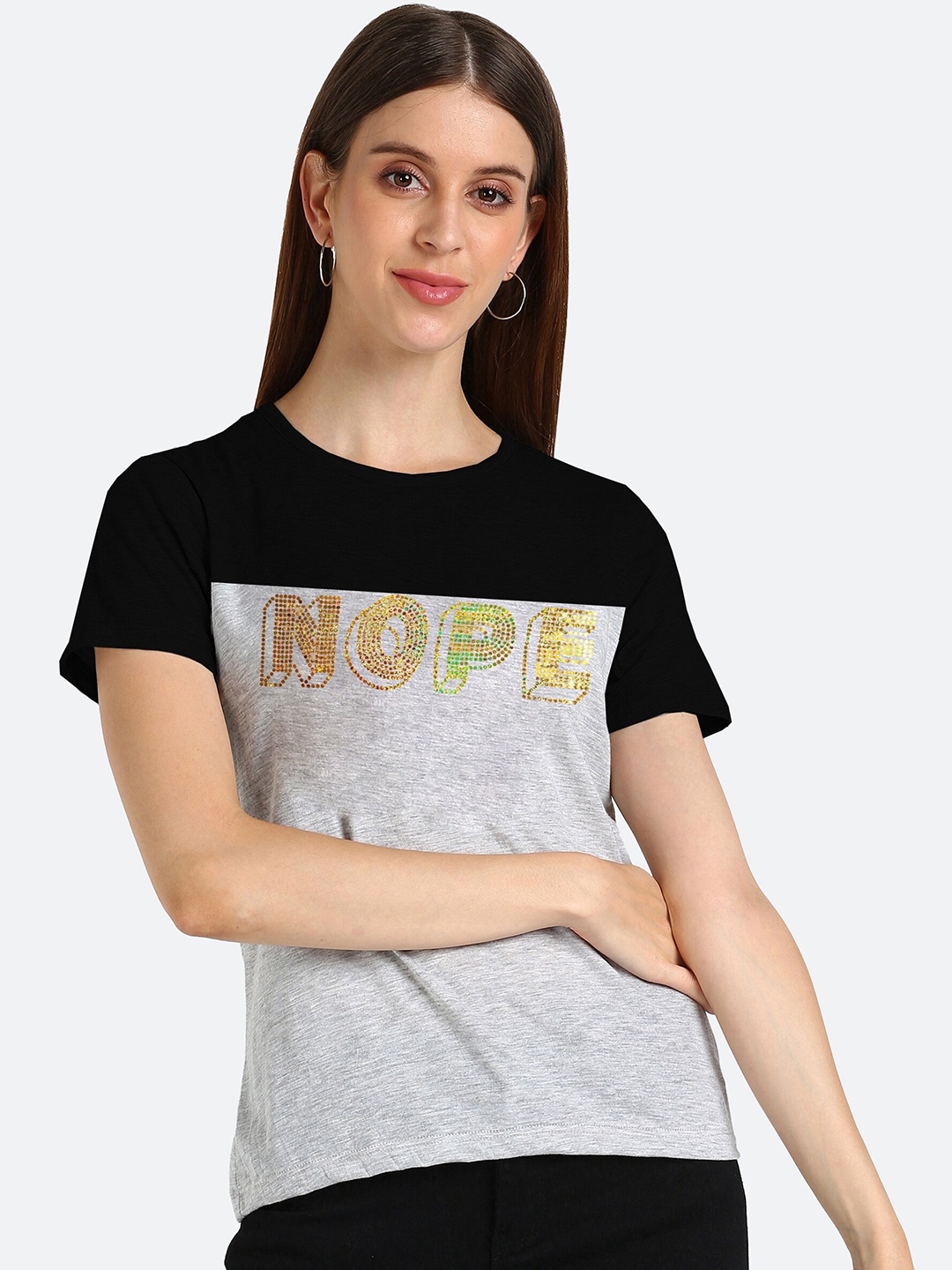 

shashvi Women Grey Printed Extended Sleeves T-shirt