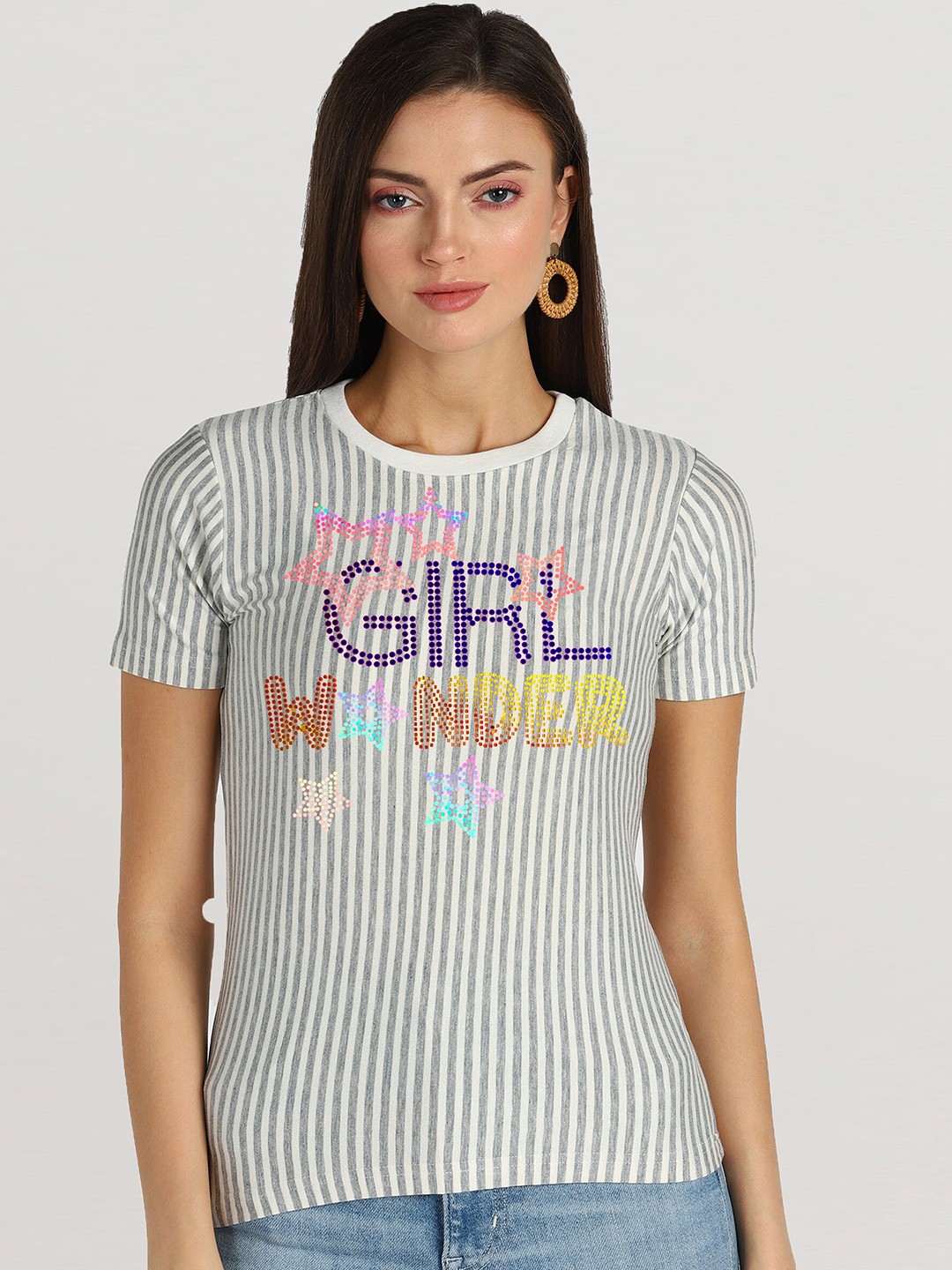 

shashvi Women Grey Striped Embellished T-shirt