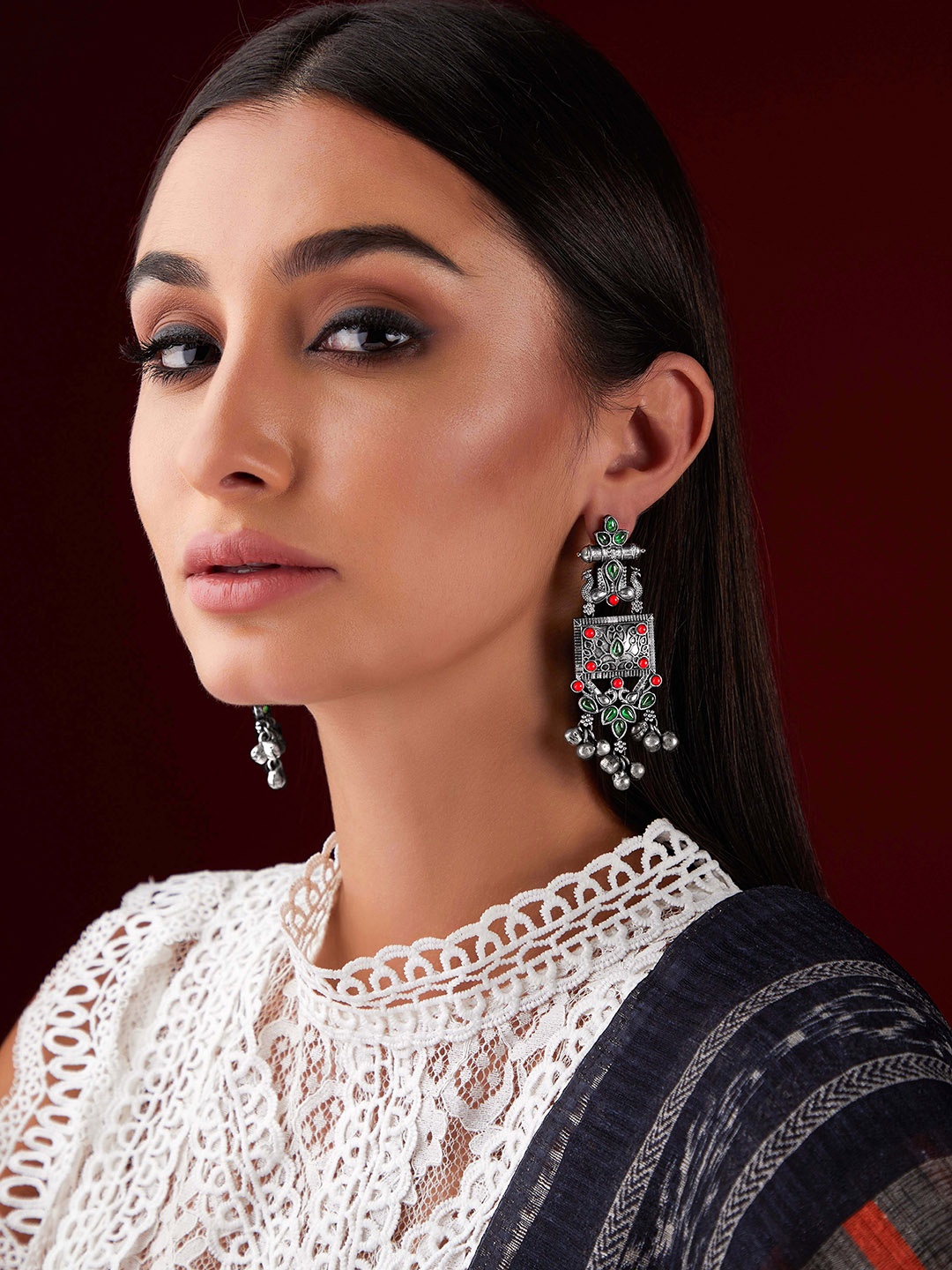 

Rubans Pink And Green Silver-Toned Oxidised Classic Drop Earrings