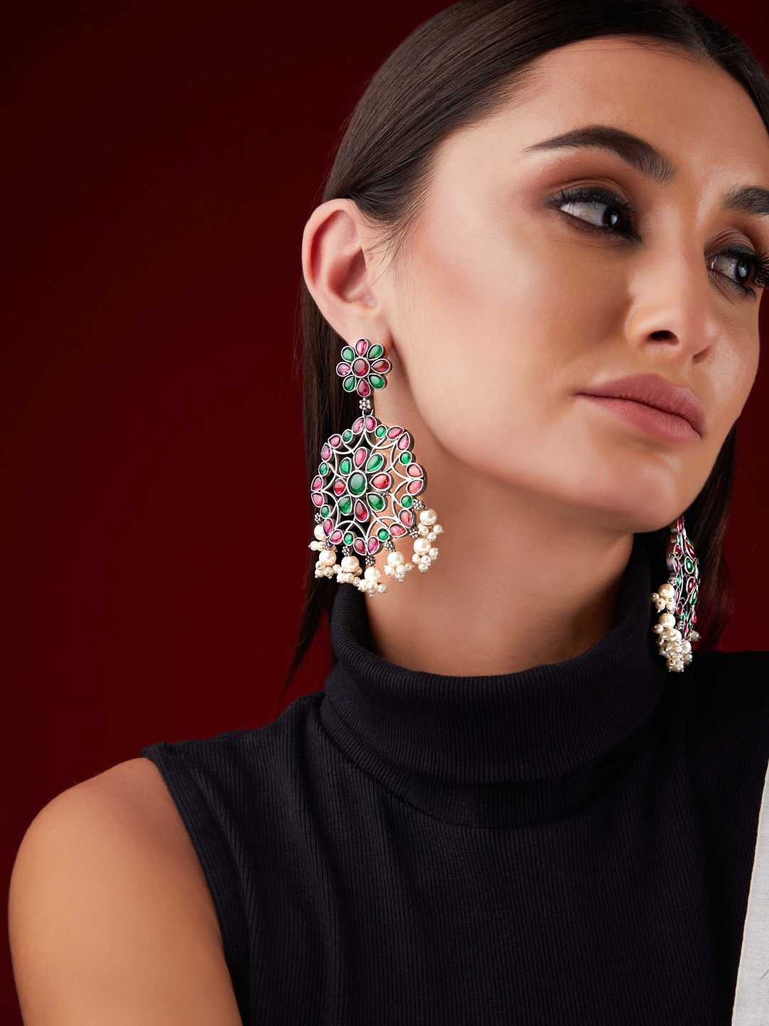 

Rubans Pink And Green Silver-Toned Classic Drop Oxidised Earrings