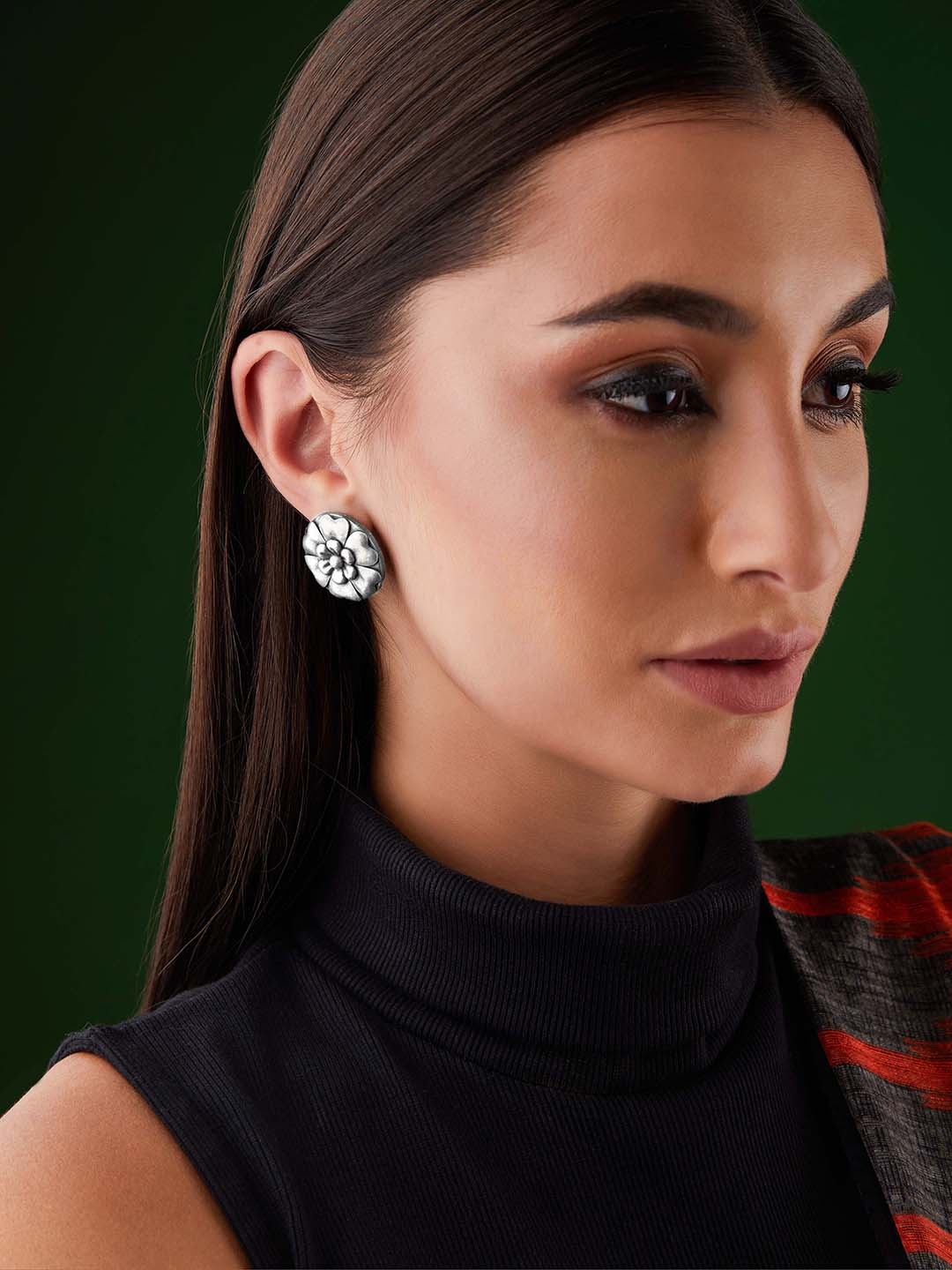 

Rubans Oxidised Silver-Plated Floral Traditional Stud Earrings in Silver Tone