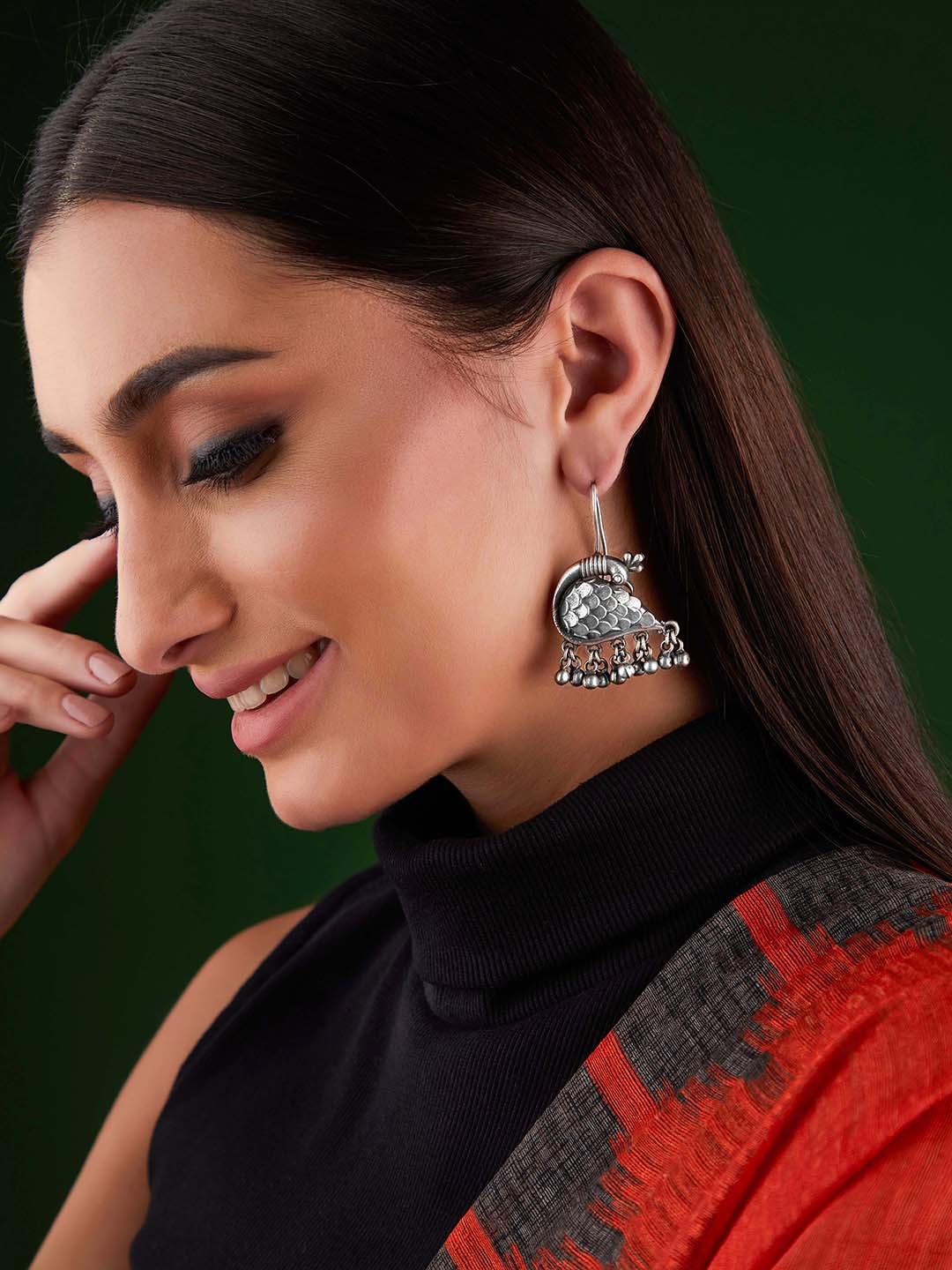 

Rubans Silver-Toned Peacock Shaped Jhumkas Earrings