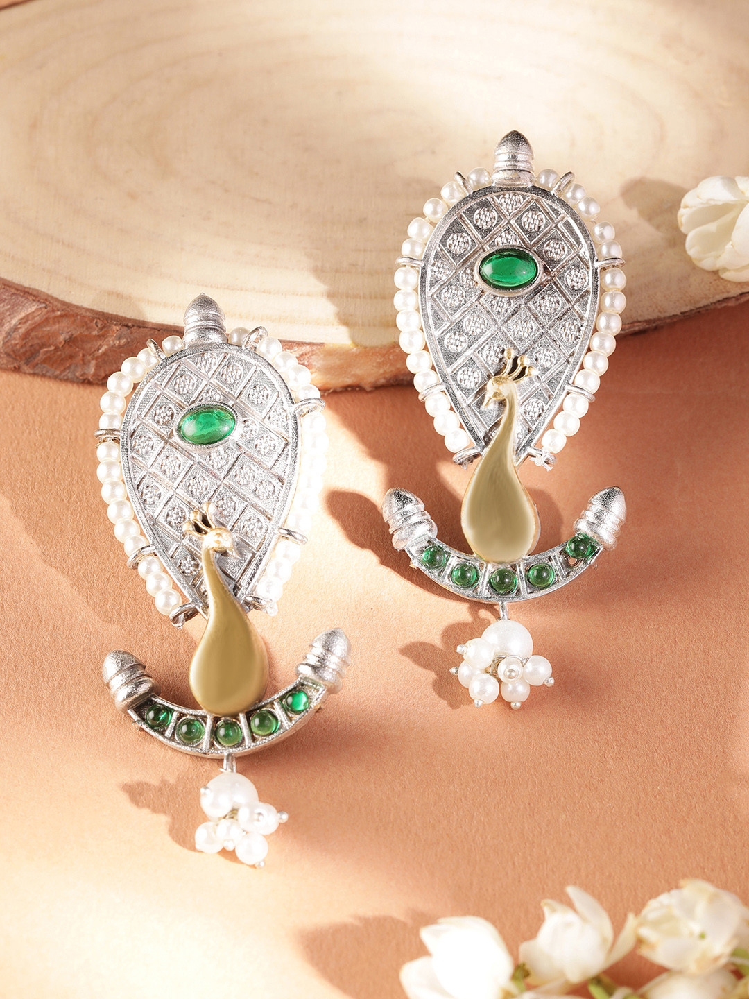 

Rubans Silver-Toned Peacock Shaped Drop Earrings
