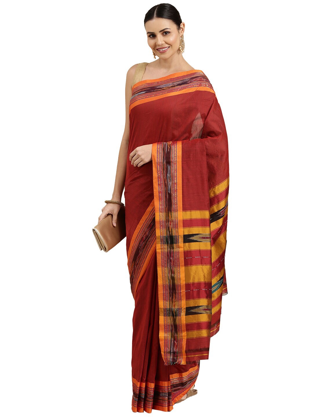 

Pavechas Maroon & Mustard Zari Pure Cotton Pochampally Saree