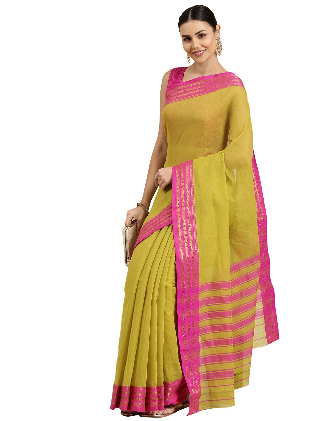 

Pavechas Green & Pink Zari Pure Cotton Chanderi Saree
