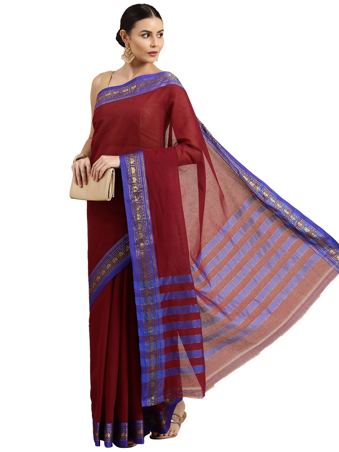 

Pavechas Maroon & Blue Printed Zari Pure Cotton Chanderi Saree