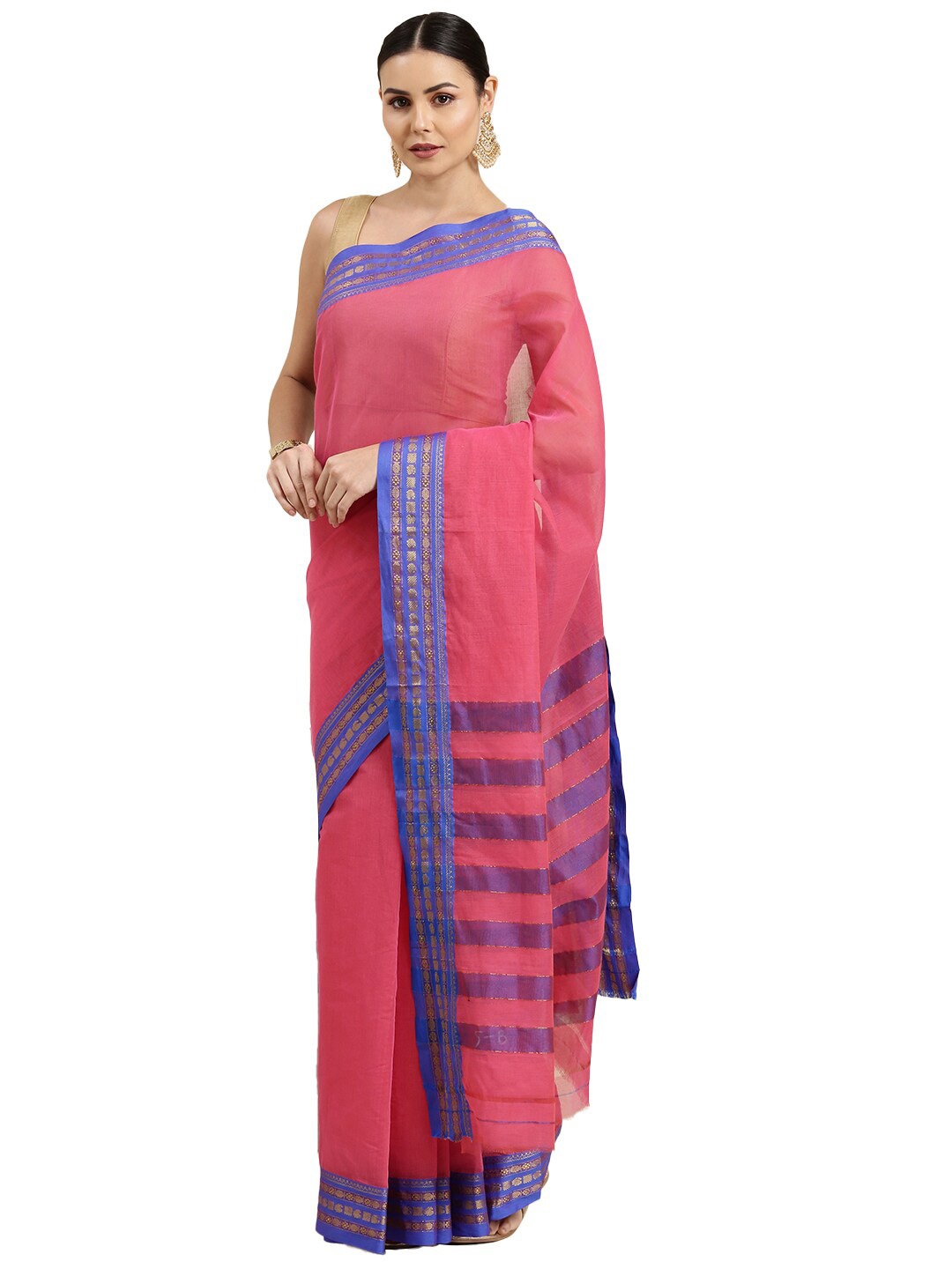 

Pavechas Pink & Blue Zari Pure Cotton Chanderi Saree
