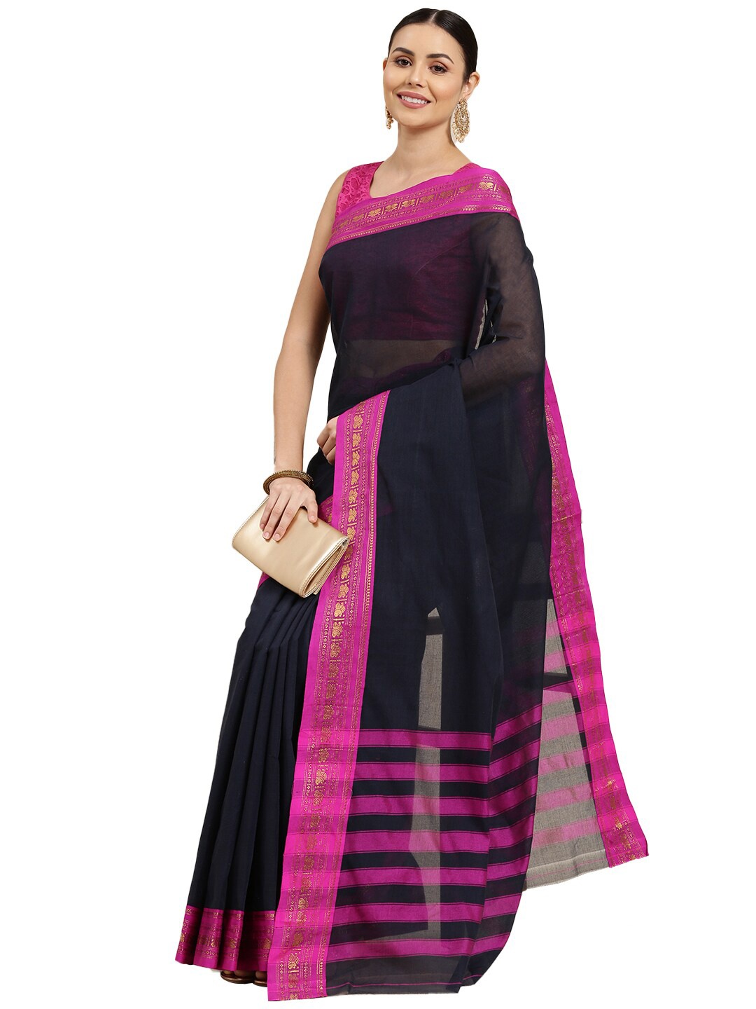 

Pavechas Navy Blue & Pink Zari Pure Cotton Chanderi Saree