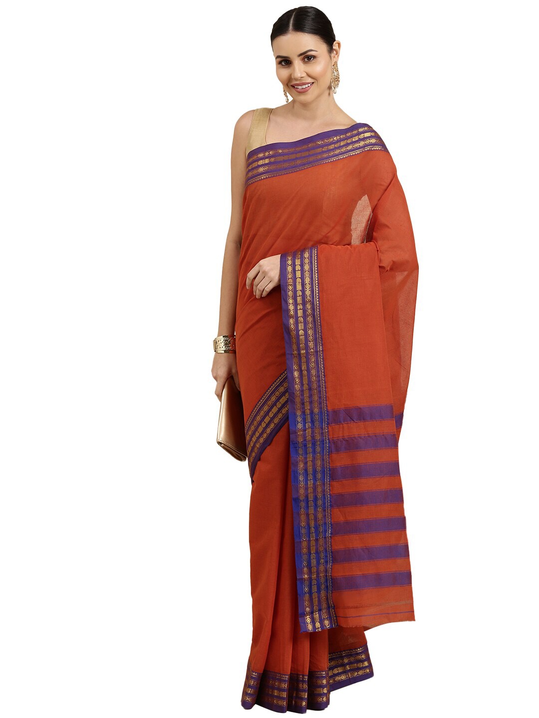 

Pavechas Rust & Purple Zari Pure Cotton Chanderi Saree