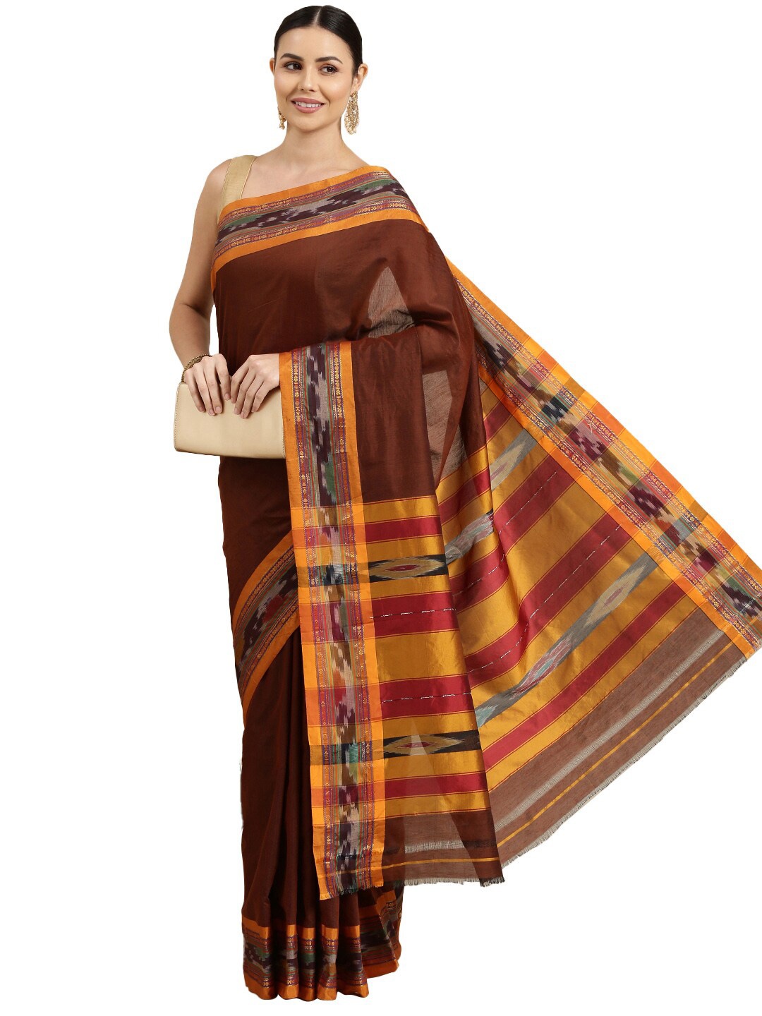 

Pavechas Brown & Gold-Toned Zari Pure Cotton Pochampally Saree