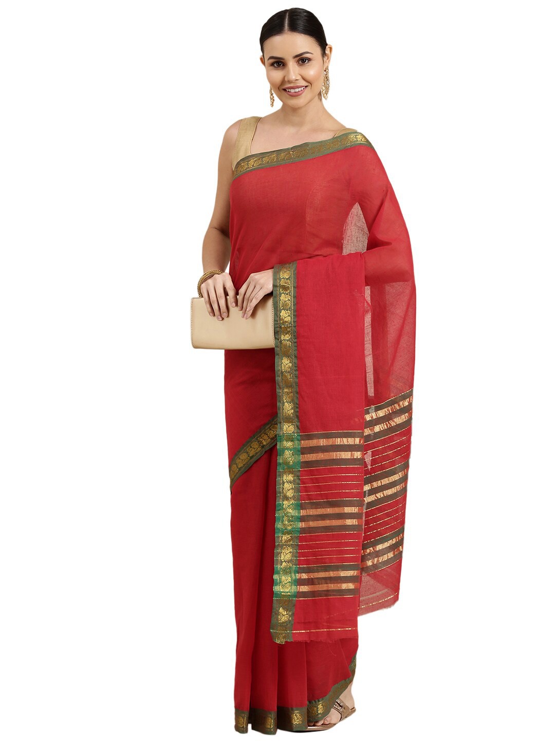 

Pavechas Red & Green Zari Pure Cotton Venkatgiri Saree