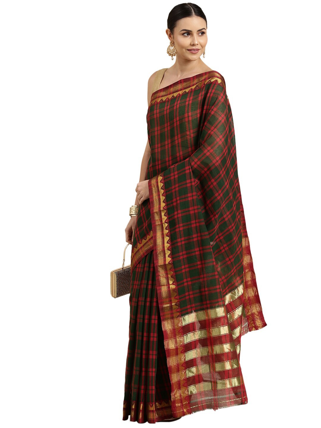 

Pavechas Maroon & Grey Checked Zari Pure Cotton Mangalagiri Saree