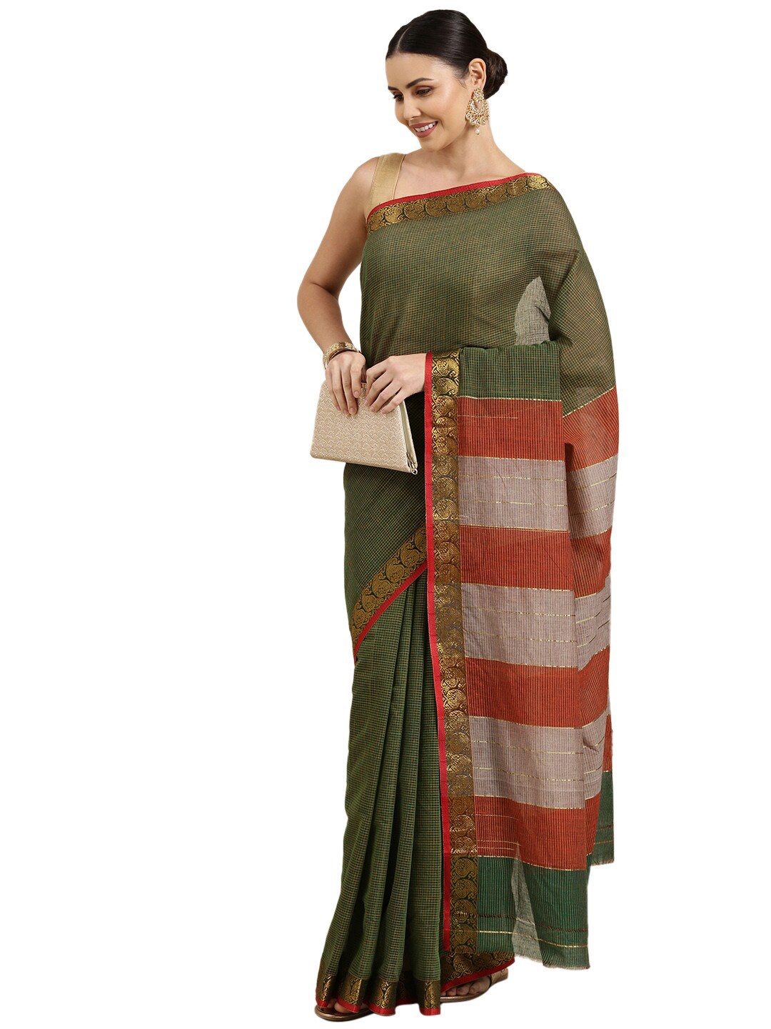 

Pavechas Green & Red Checked Zari Pure Cotton Mangalagiri Saree