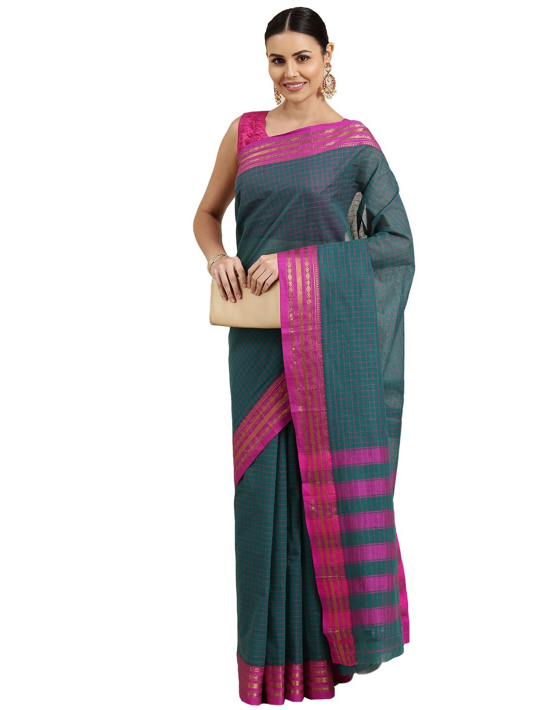 

Pavechas Teal & Pink Checked Zari Pure Cotton Chanderi Saree