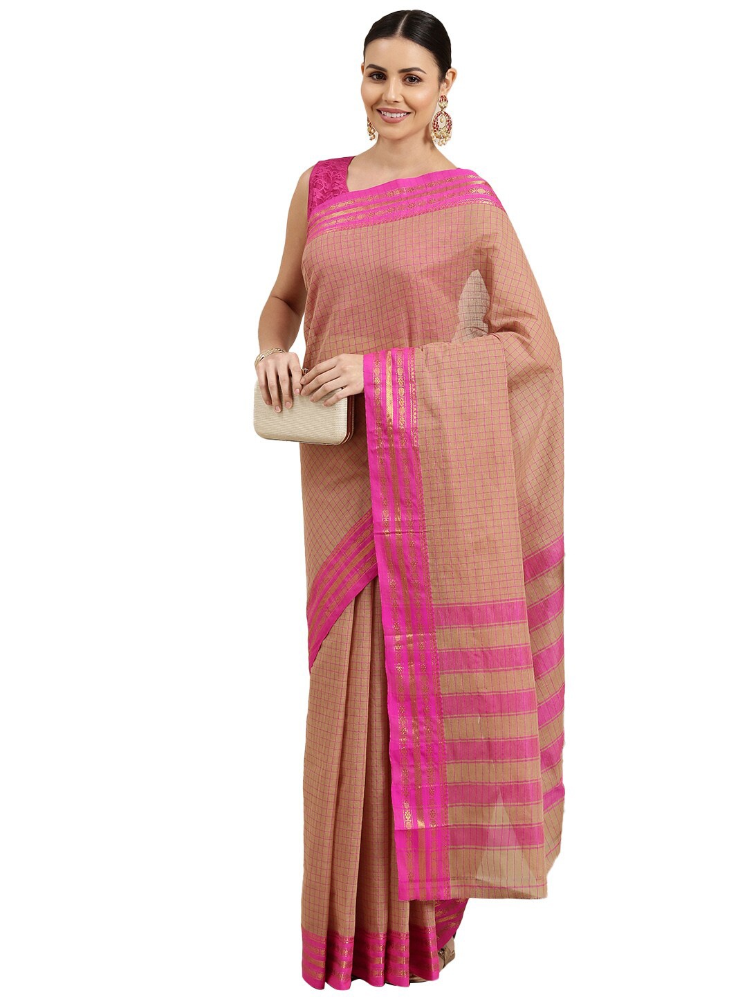 

Pavechas Beige & Pink Checked Zari Pure Cotton Chanderi Saree