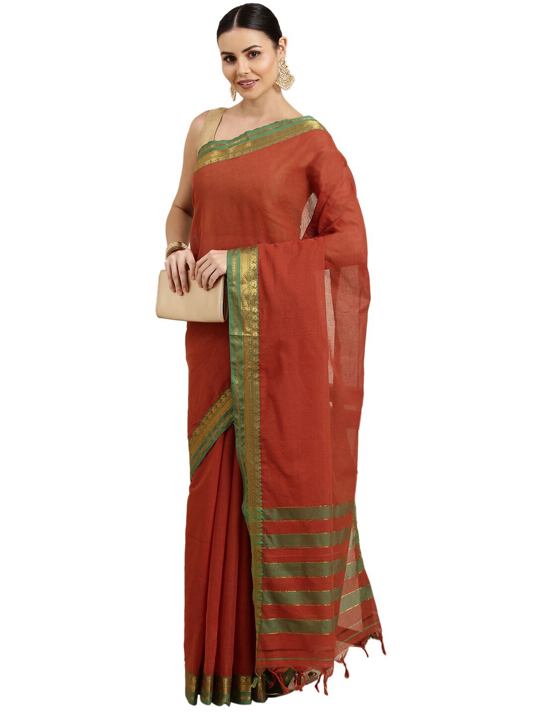 

Pavechas Rust & Green Woven Design Zari Pure Cotton Mangalagiri Saree