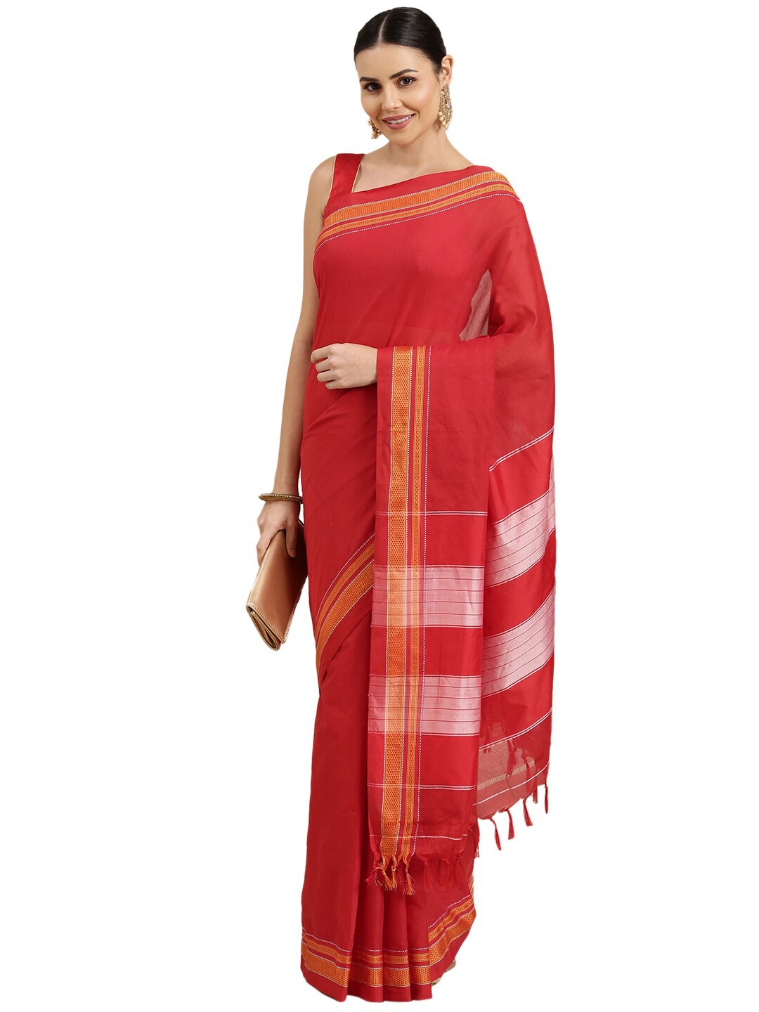 

Pavechas Red & White Zari Pure Cotton Mangalagiri Saree