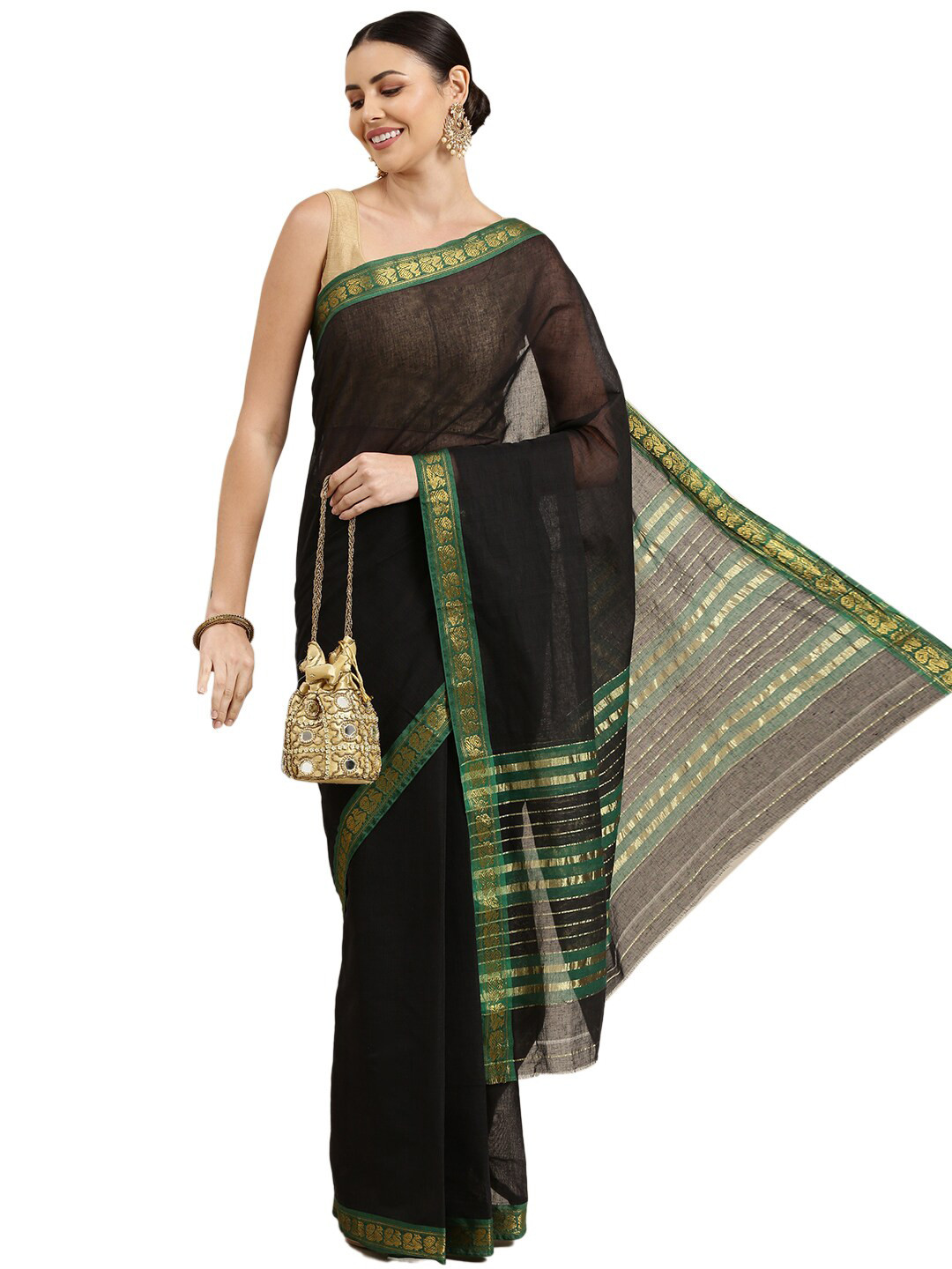 

Pavechas Black & Green Zari Pure Cotton Venkatgiri Saree