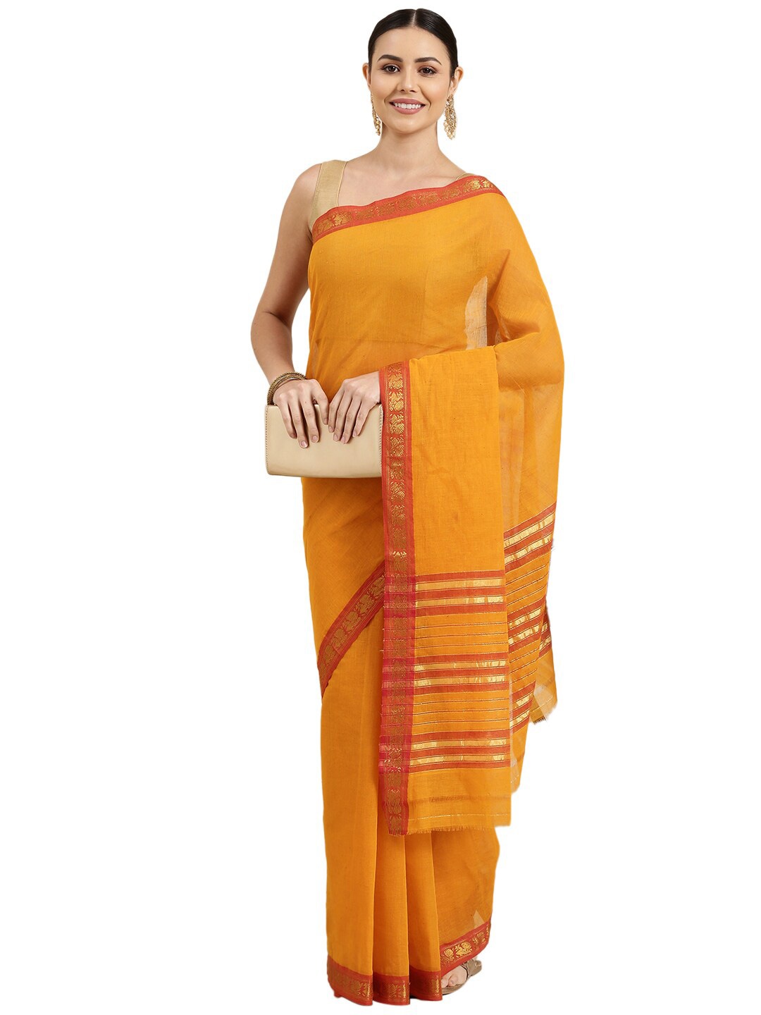 

Pavechas Women Gold-Toned & Red Zari Pure Cotton Venkatgiri Saree
