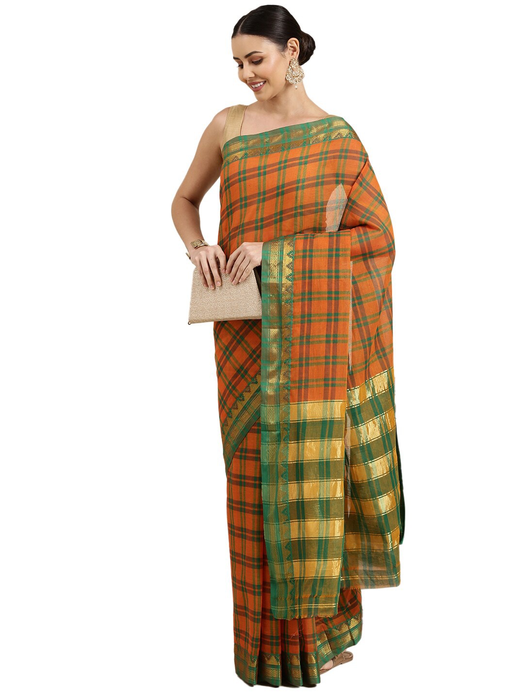 

Pavechas Orange & Green Checked Zari Pure Cotton Mangalagiri Saree