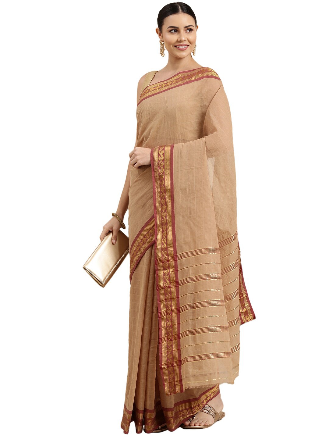 

Pavechas Beige & Red Zari Pure Cotton Venkatgiri Saree