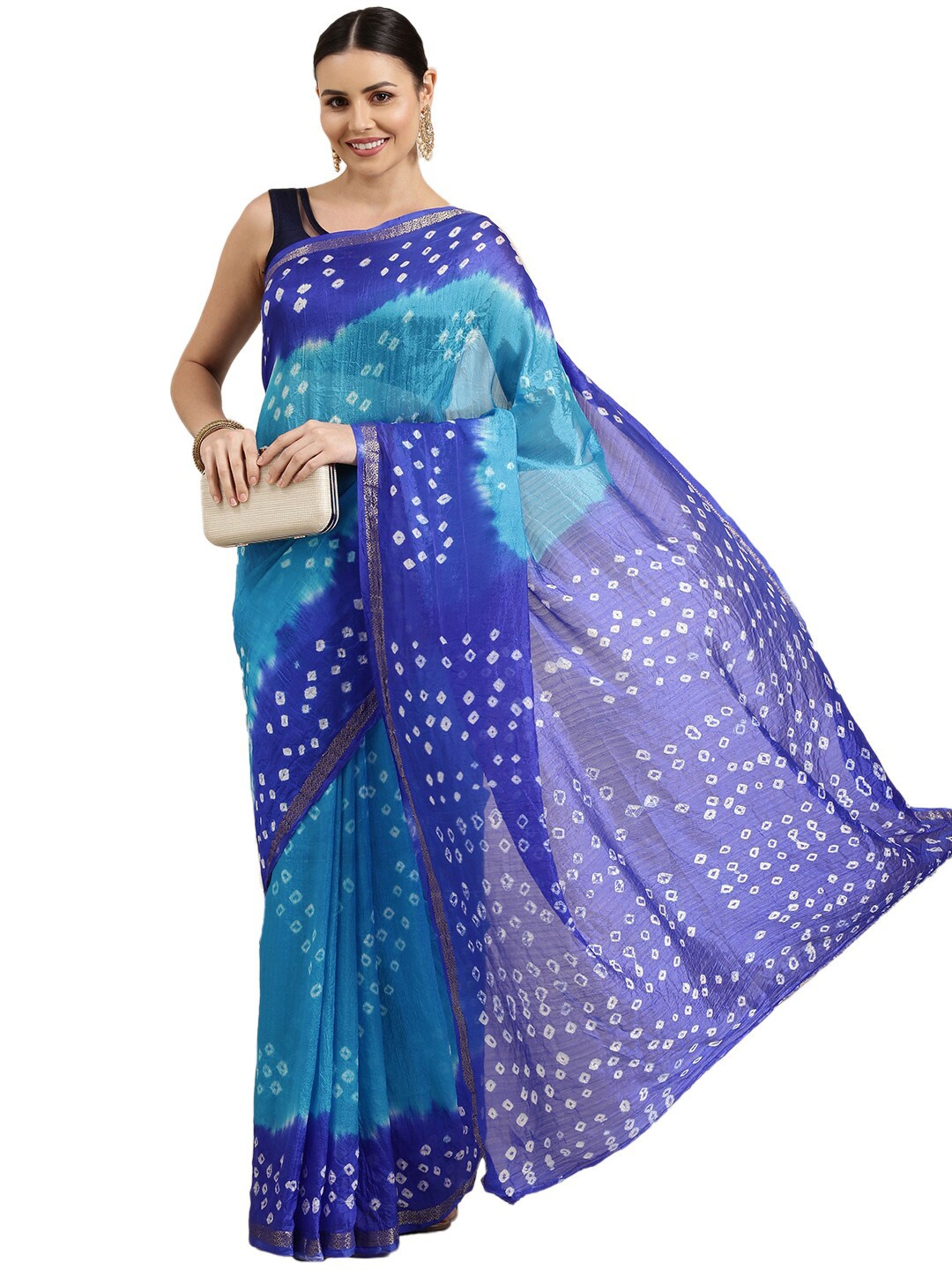 

Pavechas Women Blue & White Bandhani Zari Bandhani Saree