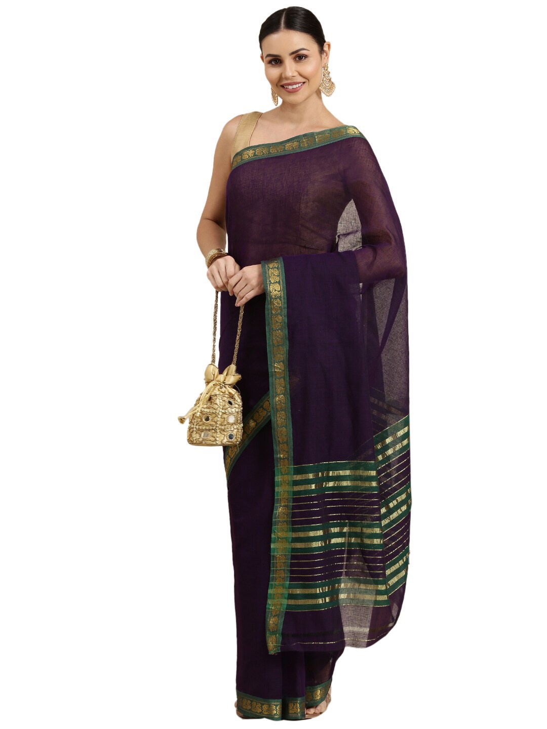 

Pavechas Women Purple & Green Zari Pure Cotton Venkatgiri Saree