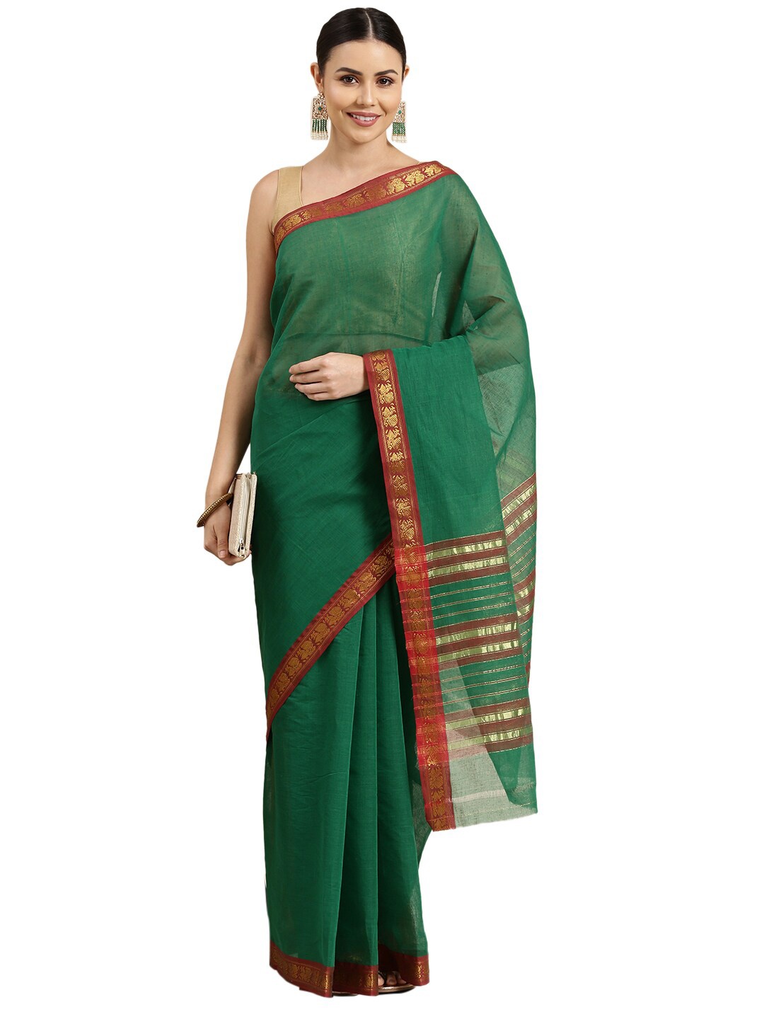 

Pavechas Green & Red Zari Pure Cotton Venkatgiri Saree