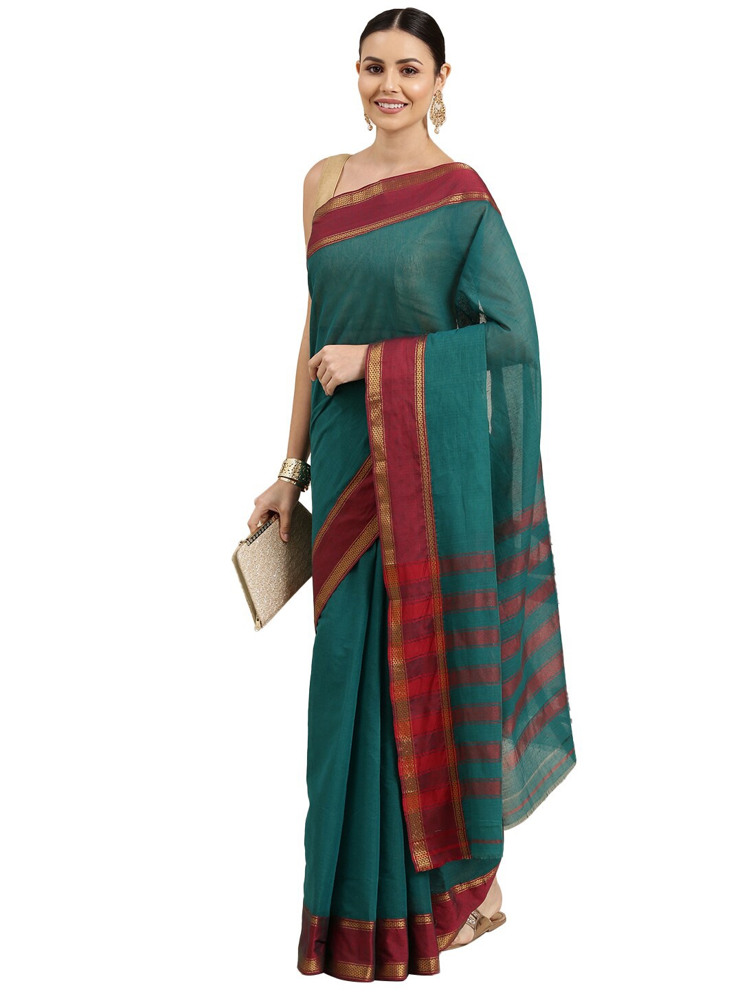 

Pavechas Teal & Red Zari Pure Cotton Chanderi Saree