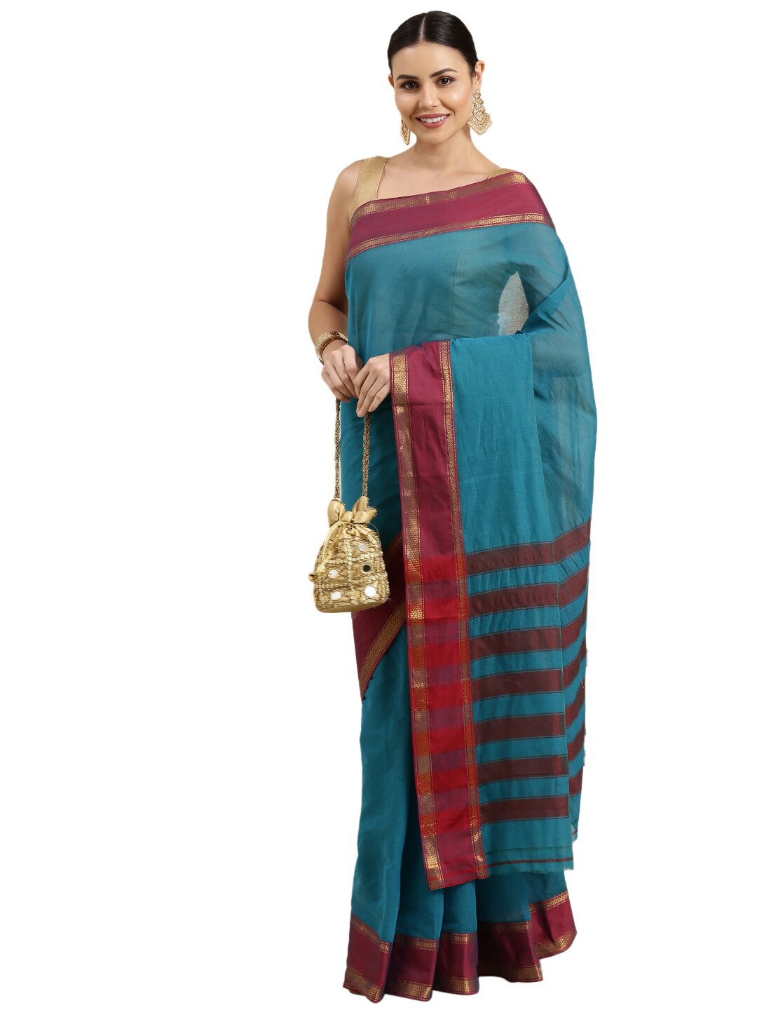 

Pavechas Blue & Red Zari Pure Cotton Chanderi Saree