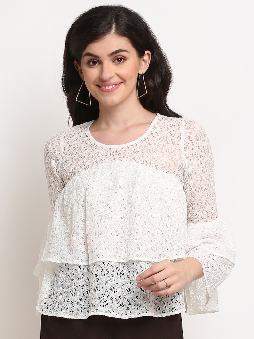 

La Zoire Women White Layered Lace Full Sleeves Top