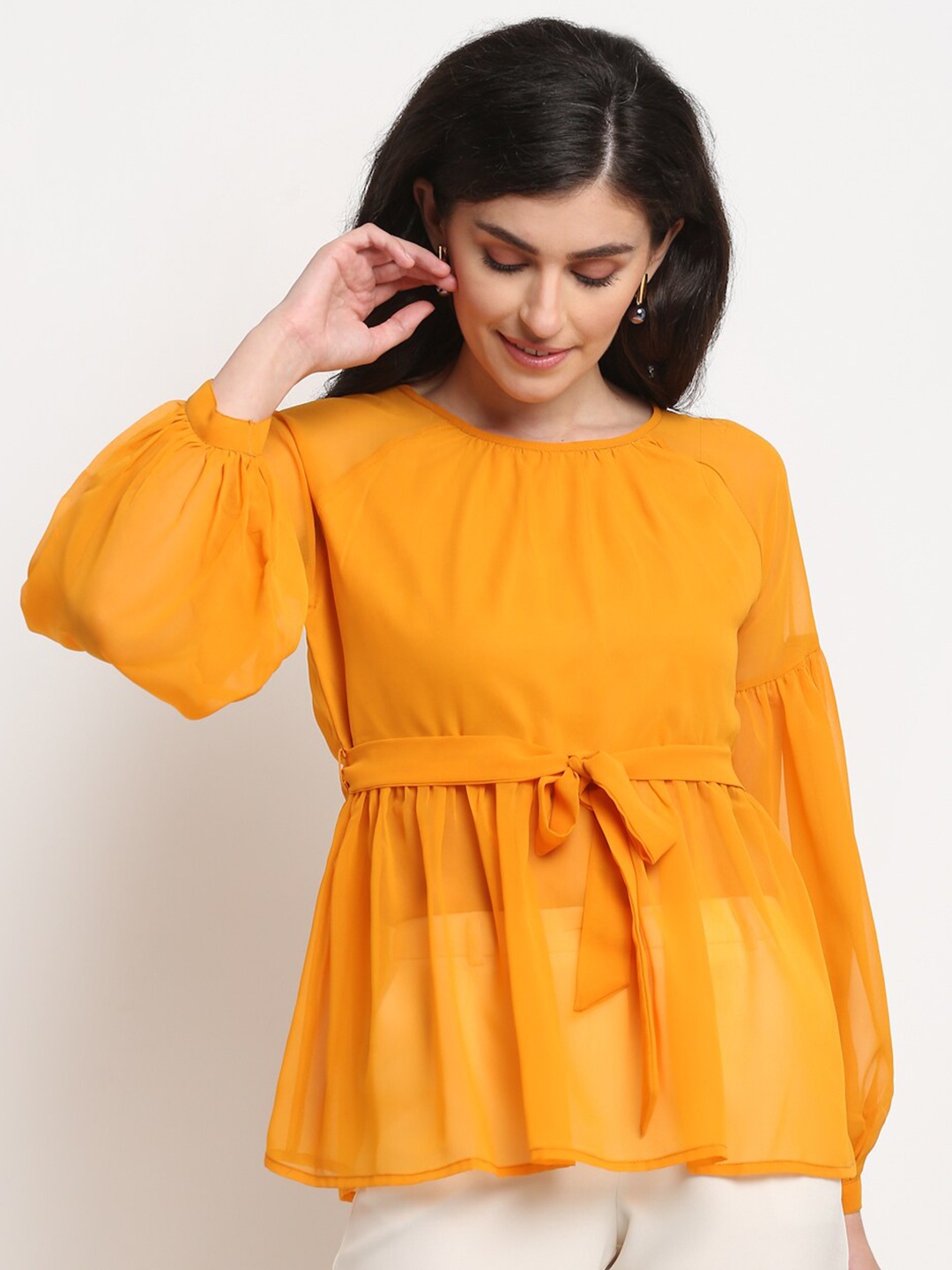 

La Zoire Mustard Yellow Georgette Cinched Waist Top
