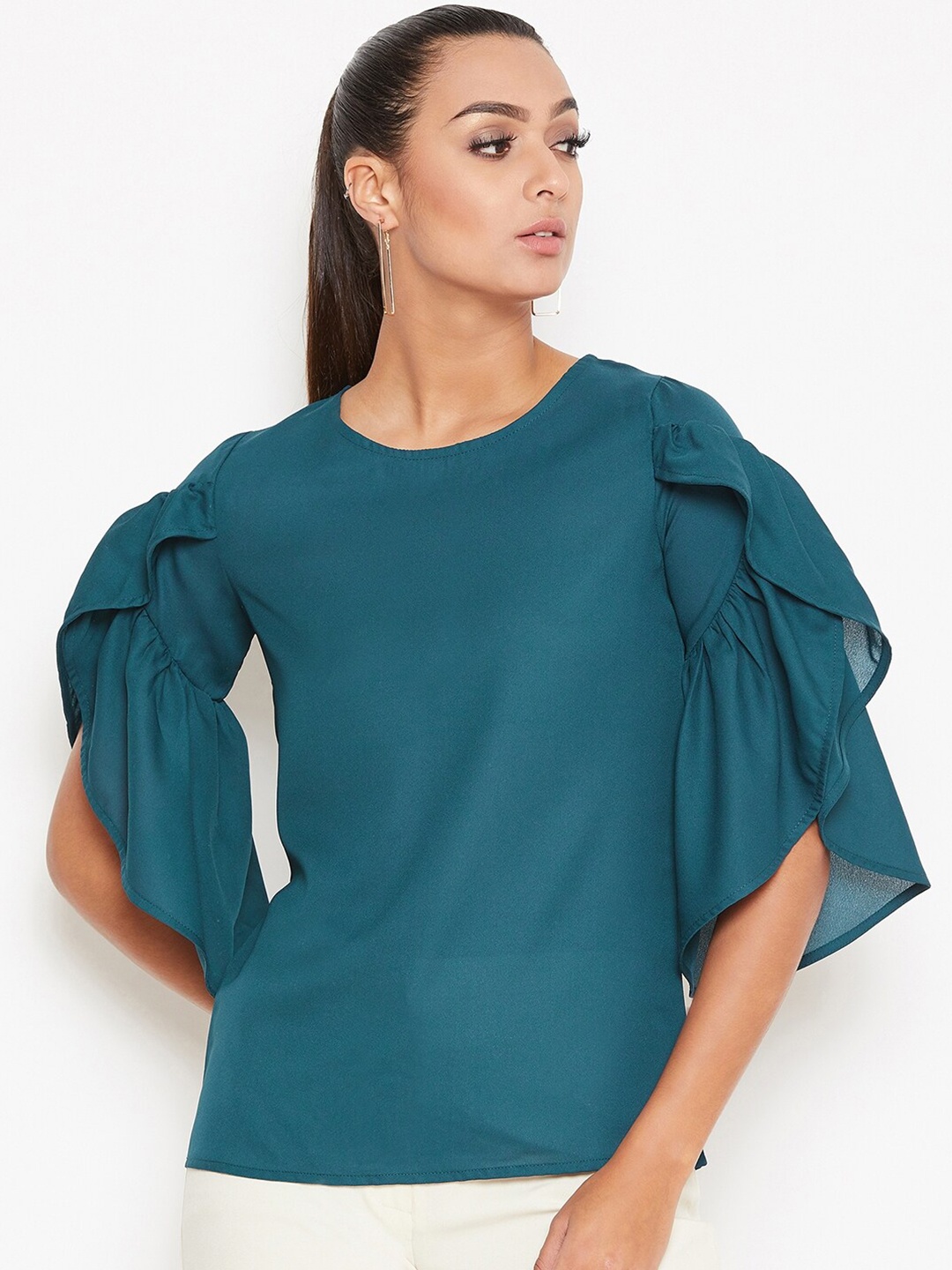 

La Zoire Women Turquoise Blue Ruffles Sleeve Georgette Top
